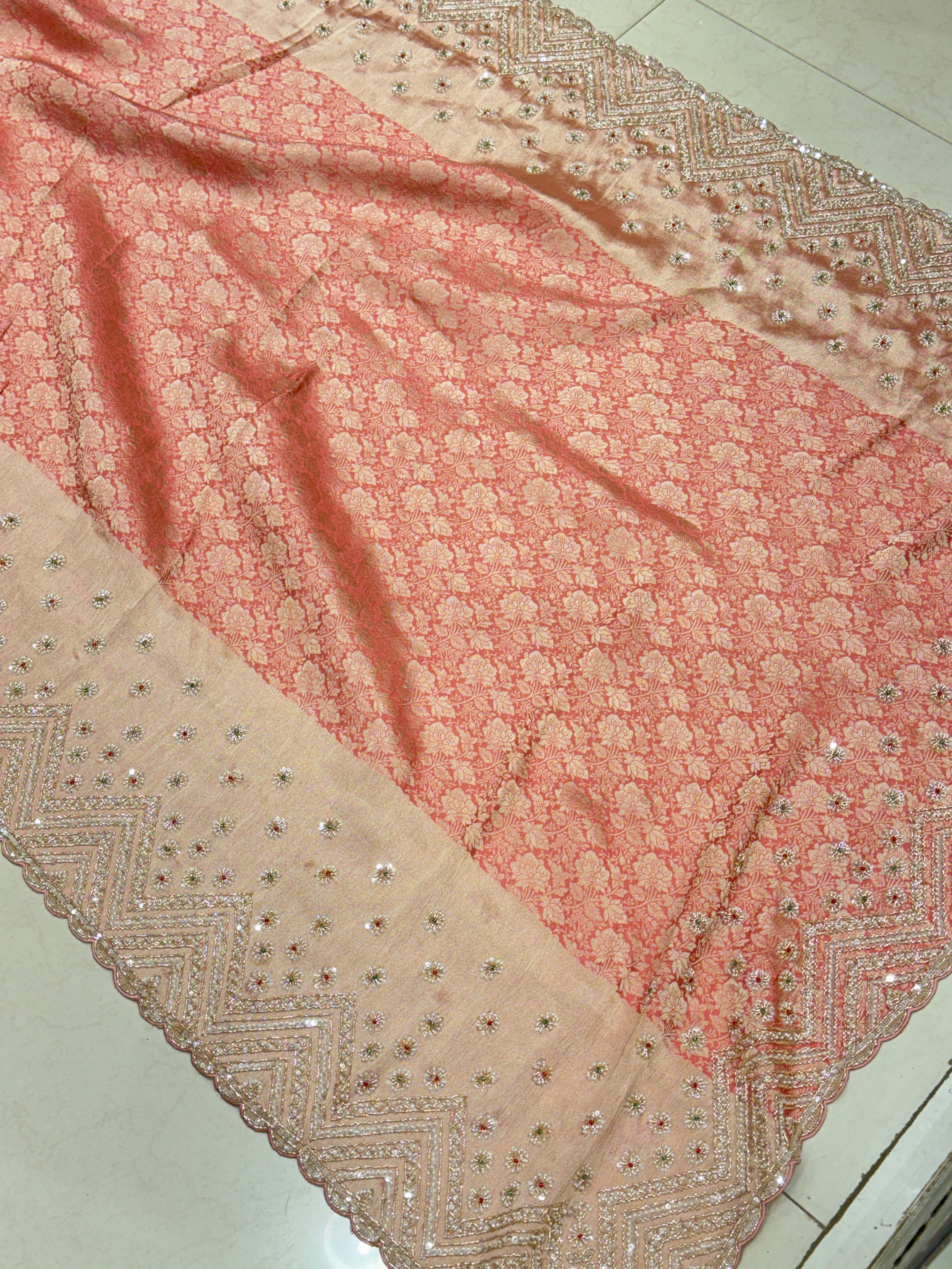 Pink Floral Weave Soft Silk Moti Crystal Embroidery Saree