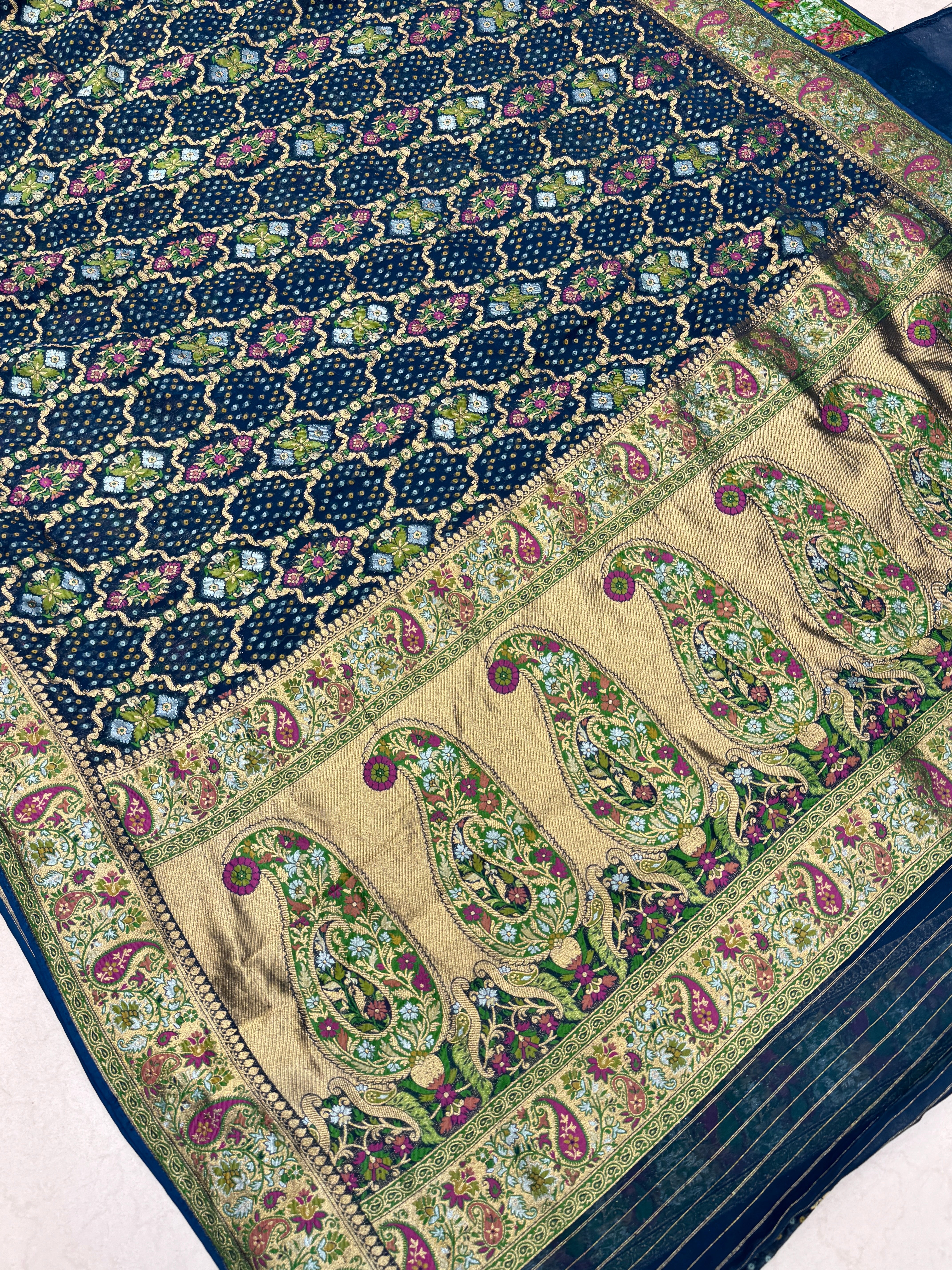 Blue Weaved Bandhej Meenakari Saree