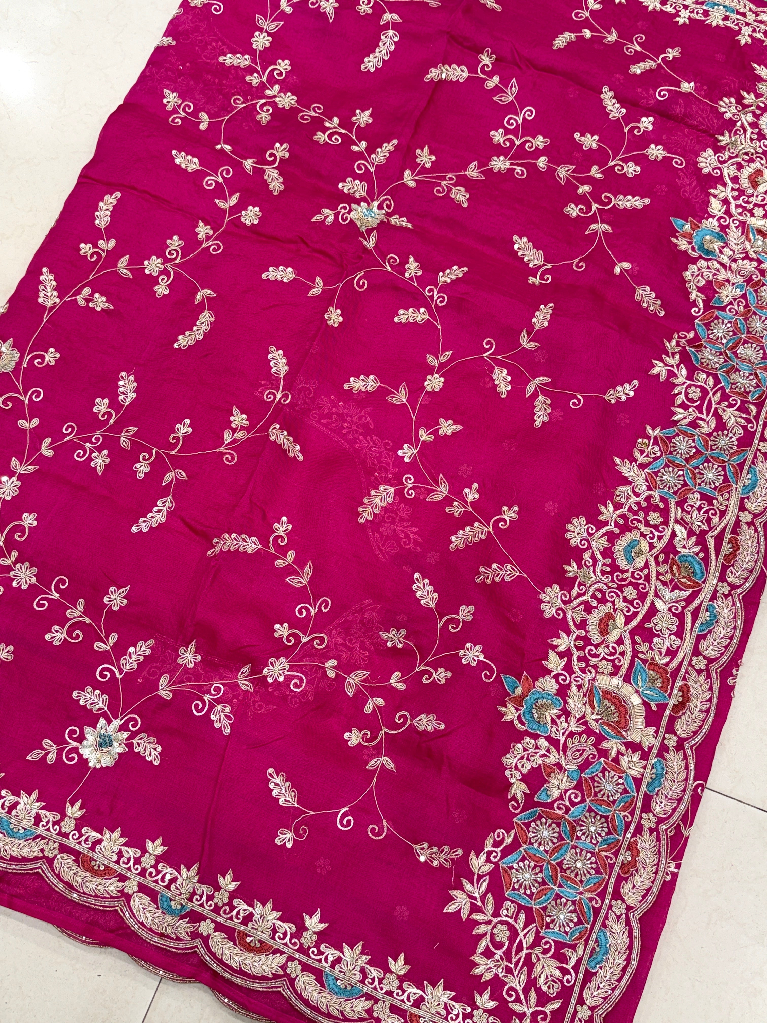 Rani Pink Organza Zardosi Resham Jaal Hand Embroidery Saree
