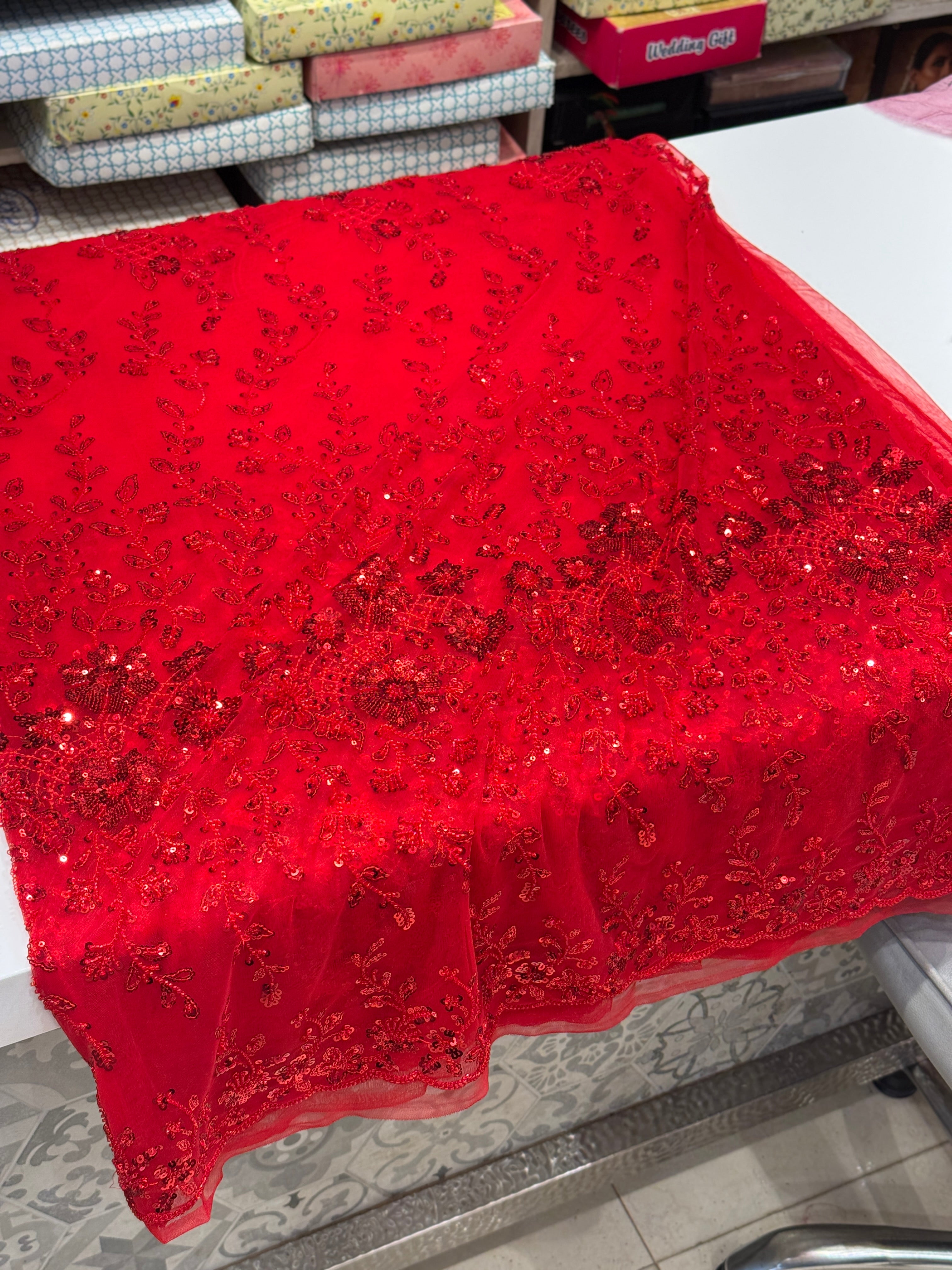 Red Net Embroidery Sequin Saree