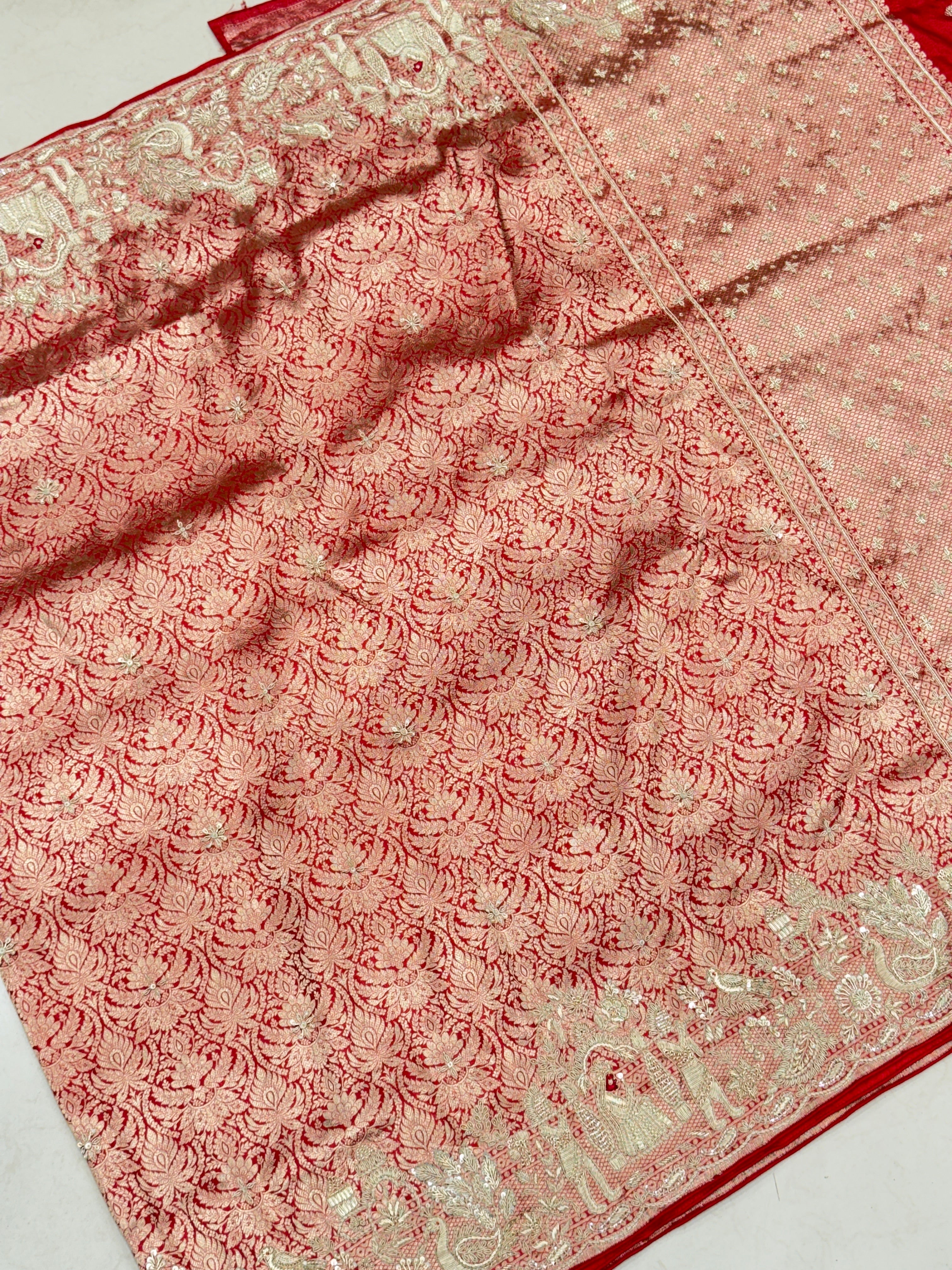Red Banarasi Katan Doli Edit Zardosi Saree