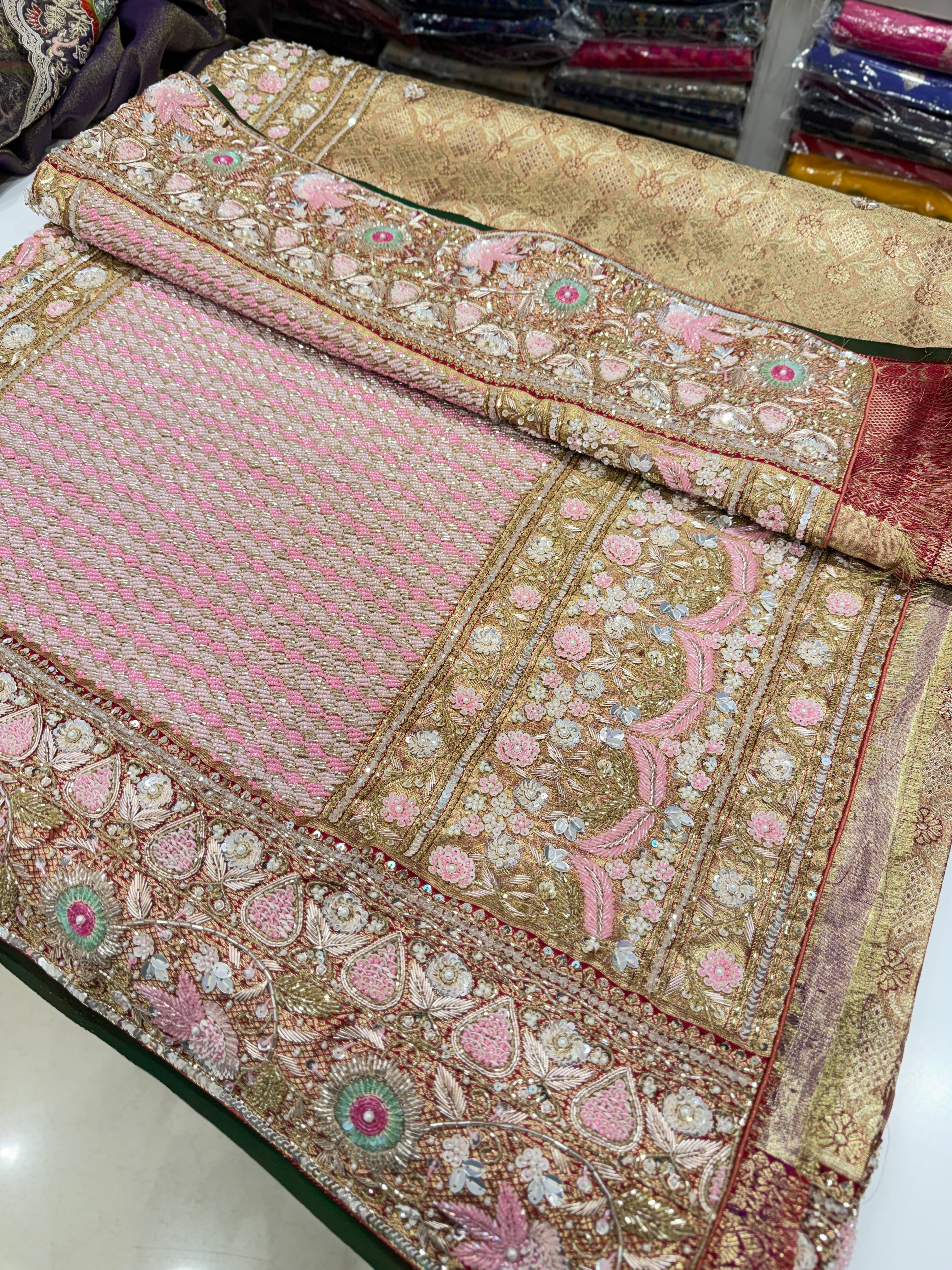 Red Tissue Kanjivaram Hand Embroidery Zardosi Moti Saree