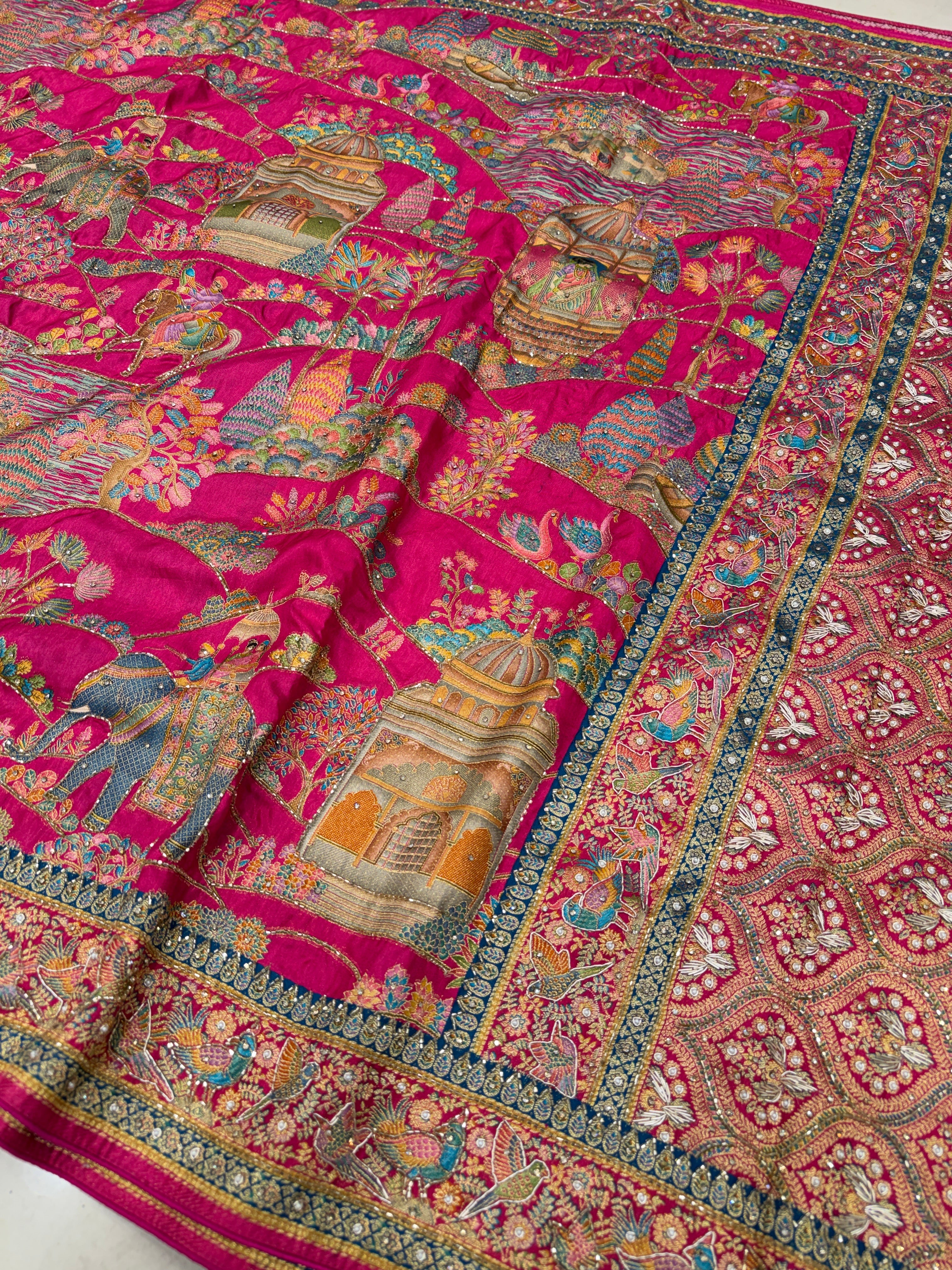 Rani Forest Darbar Pashmina Style Weave Hand Embroidery Saree