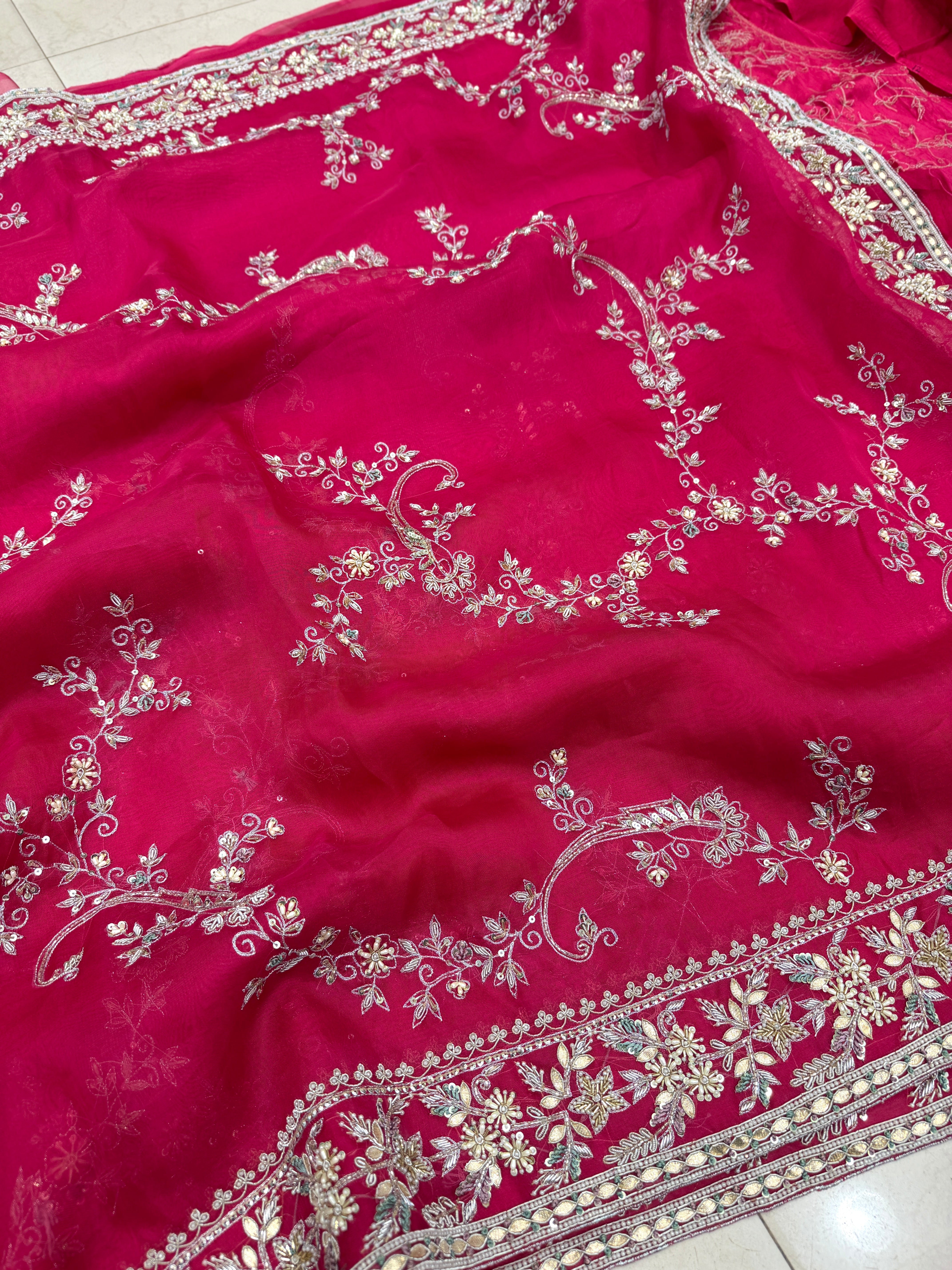 Rani Pink Organza Zardosi Gota Resham Hand Embroidery Saree