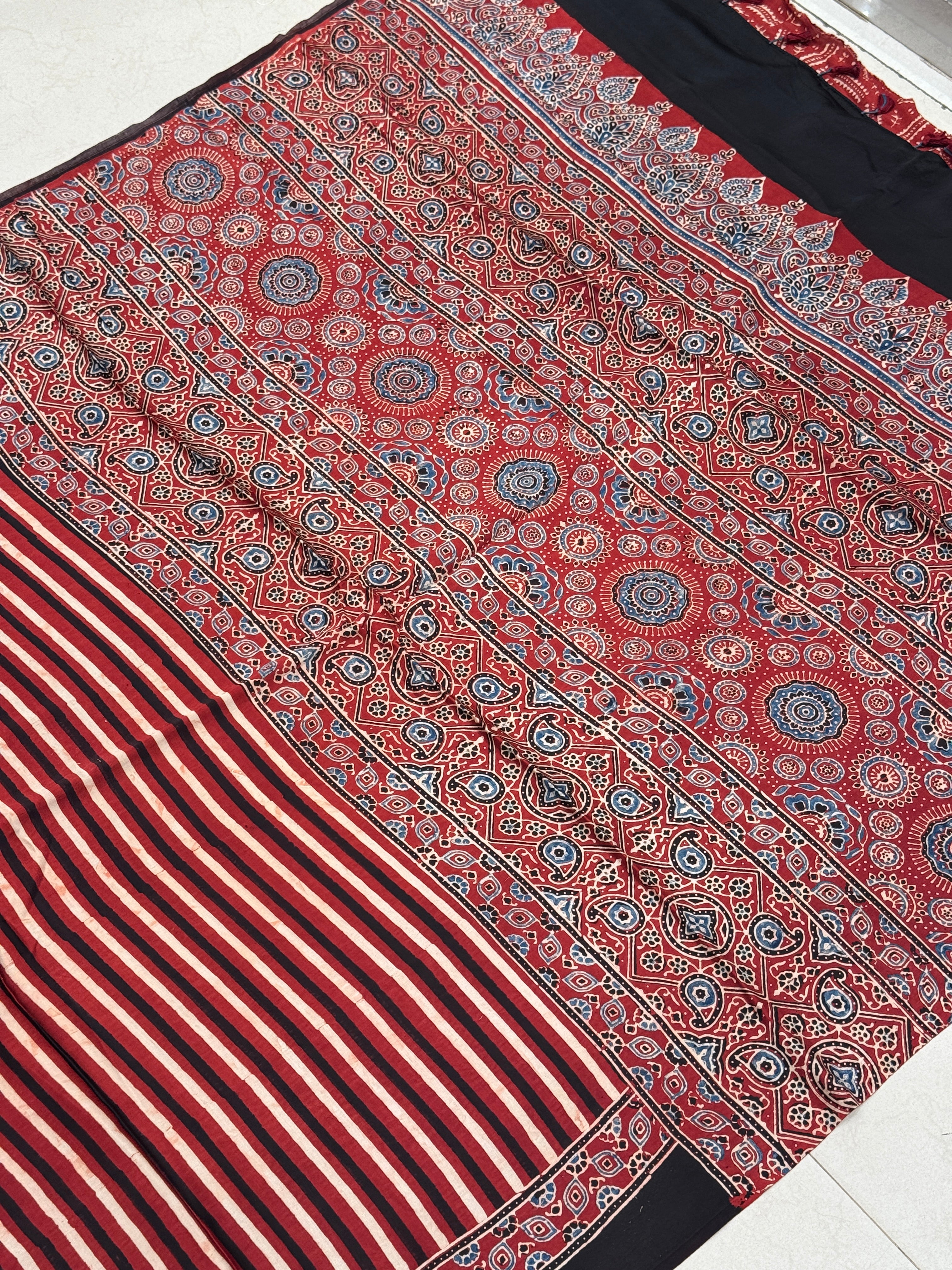 Red White Contemporary Hand Block Print Ajrkah Pure Gajji Silk Saree