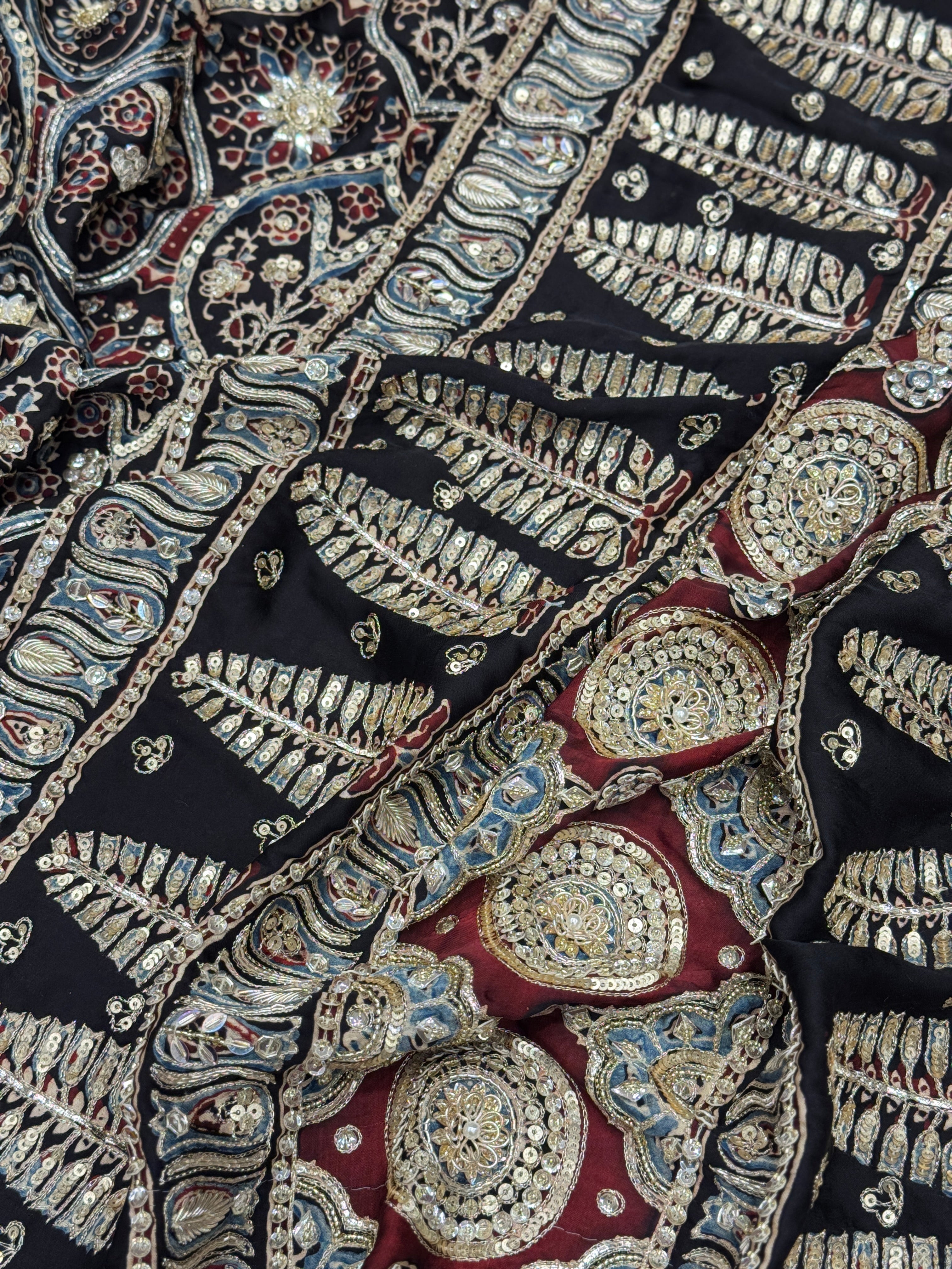 Ajrakh Black Badam Jaal Hand Embroidery Zardosi and Pita Work