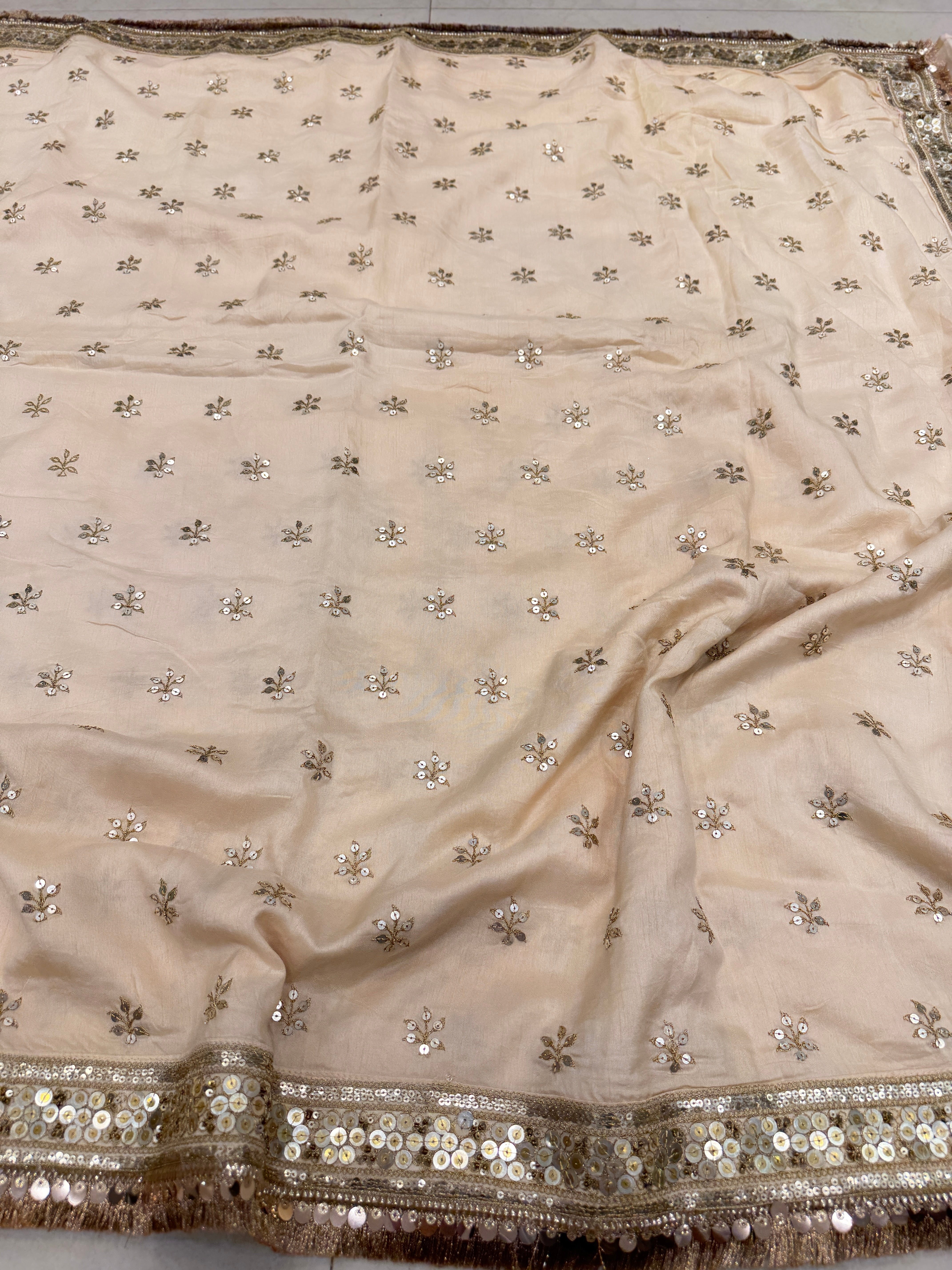Beige Pure Silk Sabyasachi Inspired Marodi Sequin Butti Saree