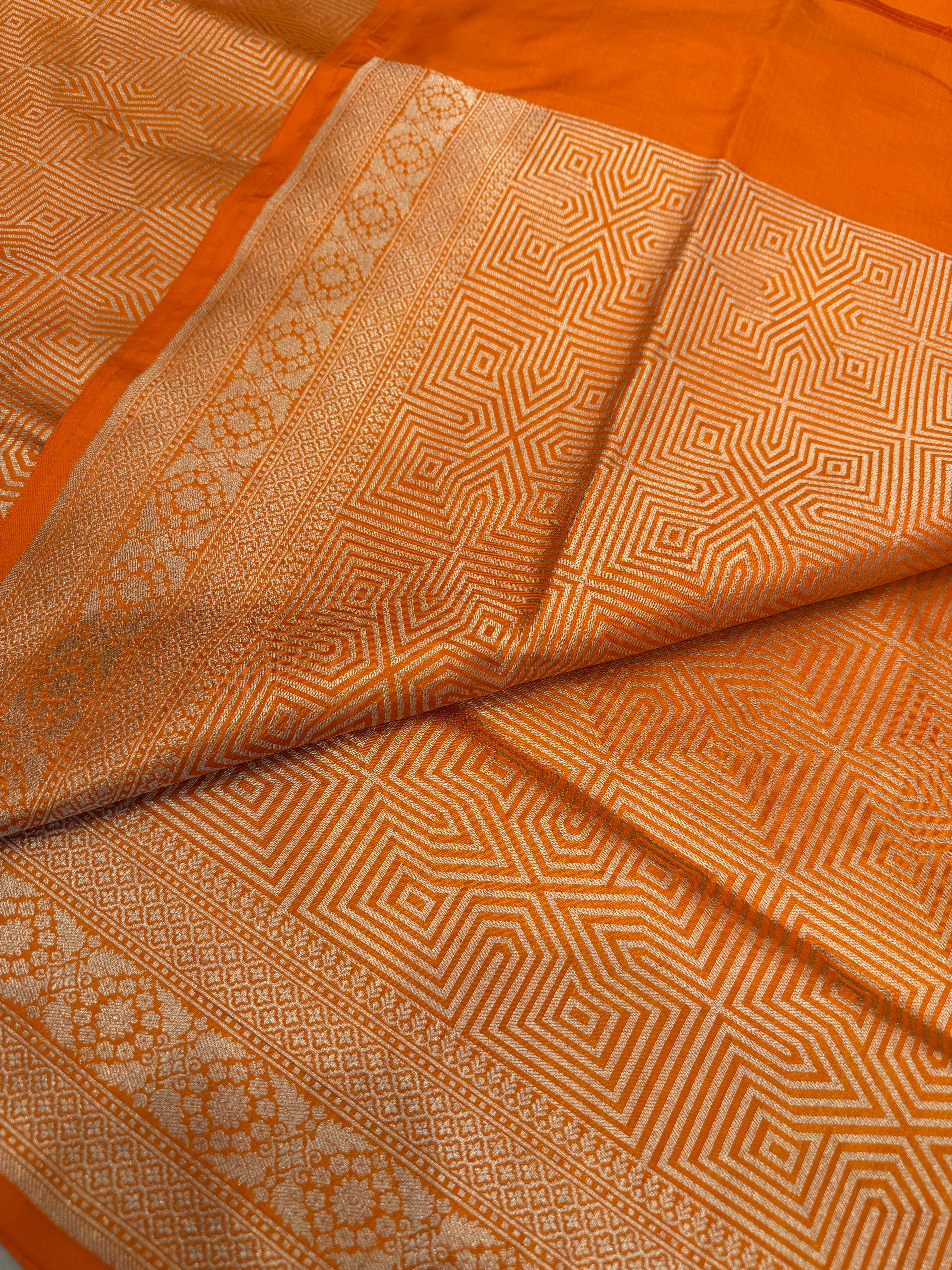 Rust Orange Handloom Banarasi Katan Silk Brocade Contemporary Saree