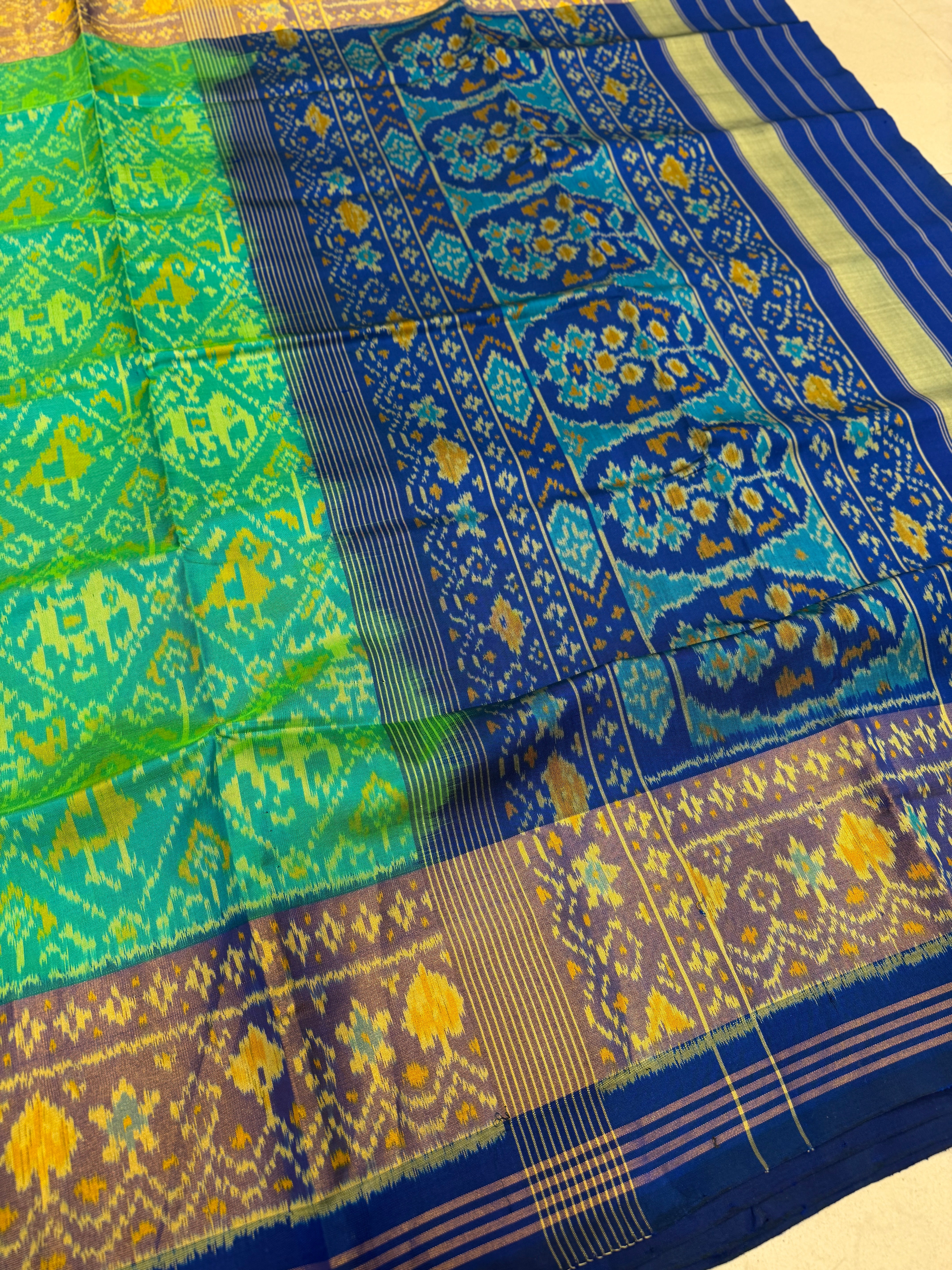 Rama Green with Blue Handloom Rajot Ikat Patola Silk Saree