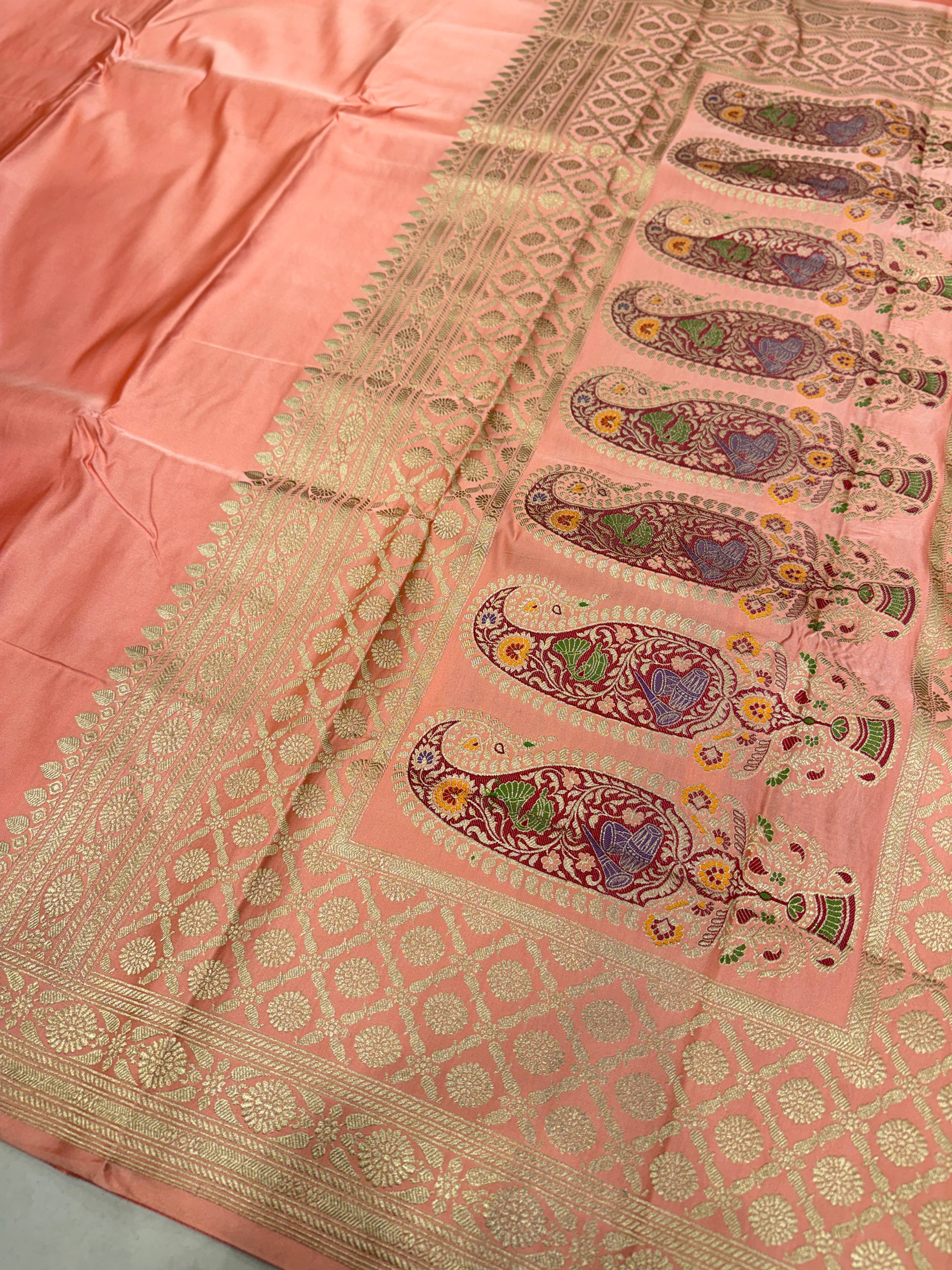 Peach Banarasi Silk Plain Body Meena Pallu Saree