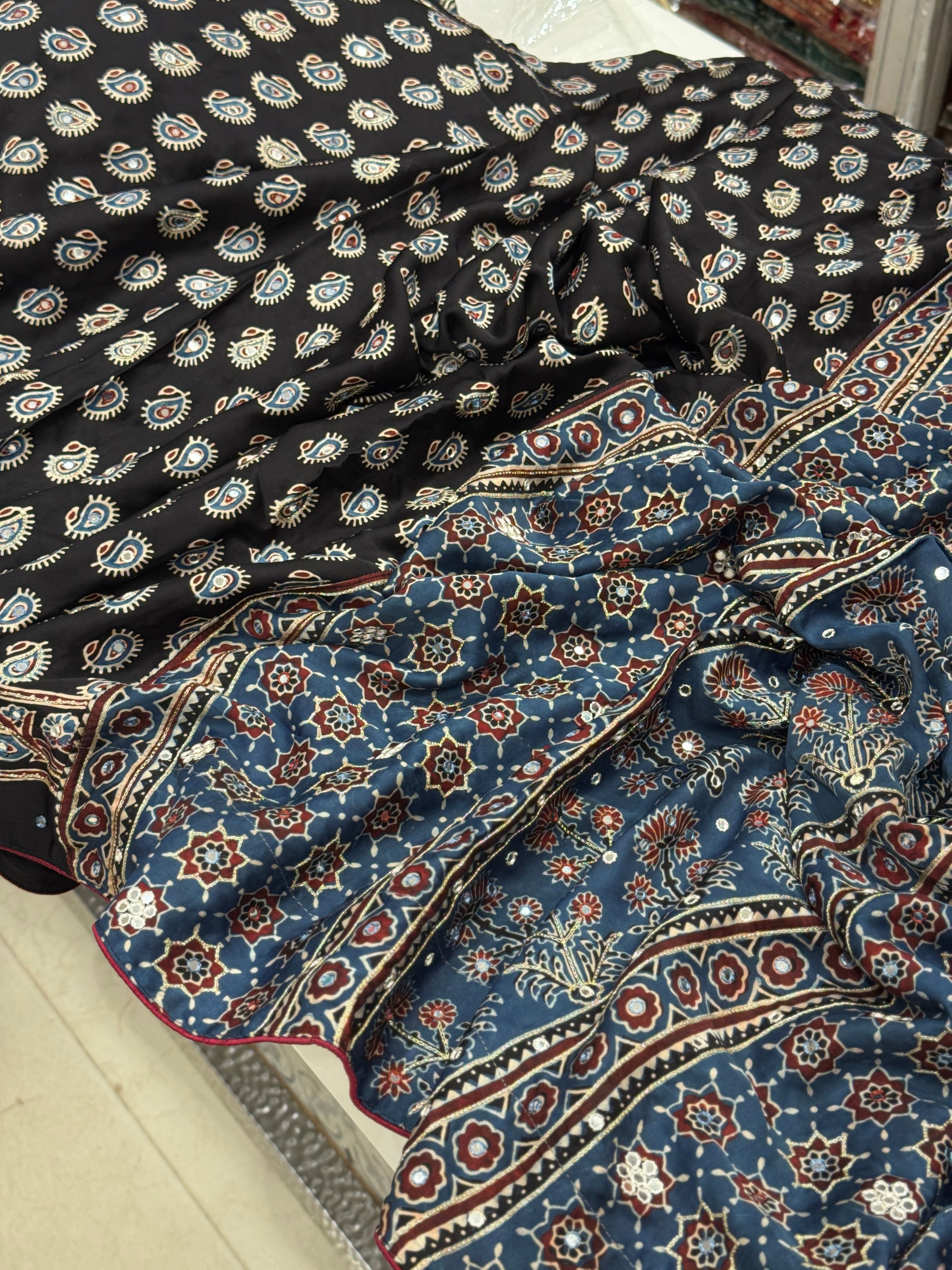 Black Buttis Ajrakh Mirror Hand Embroidery Saree