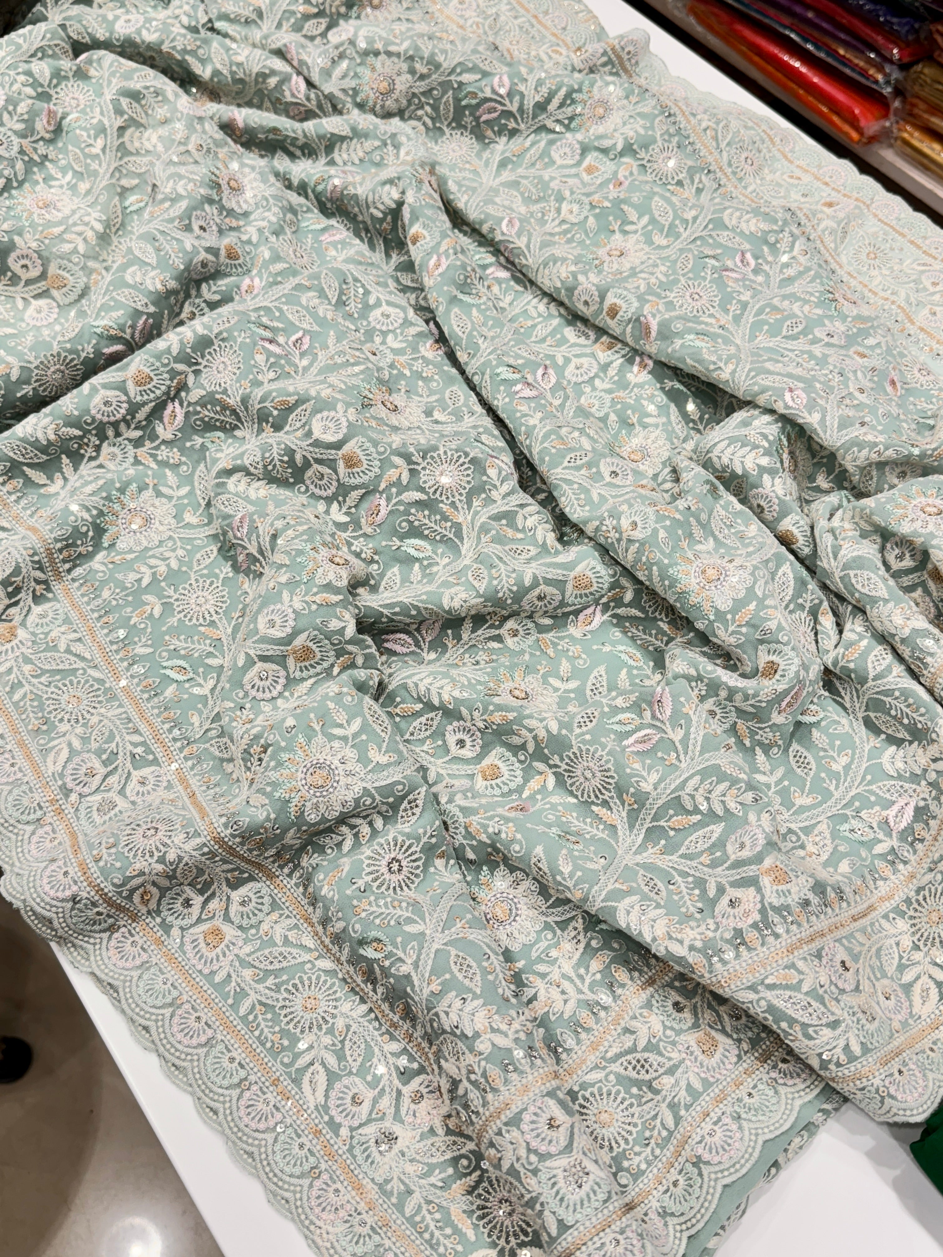 Sea Green Meenakari Chikankari Scallop Design Saree