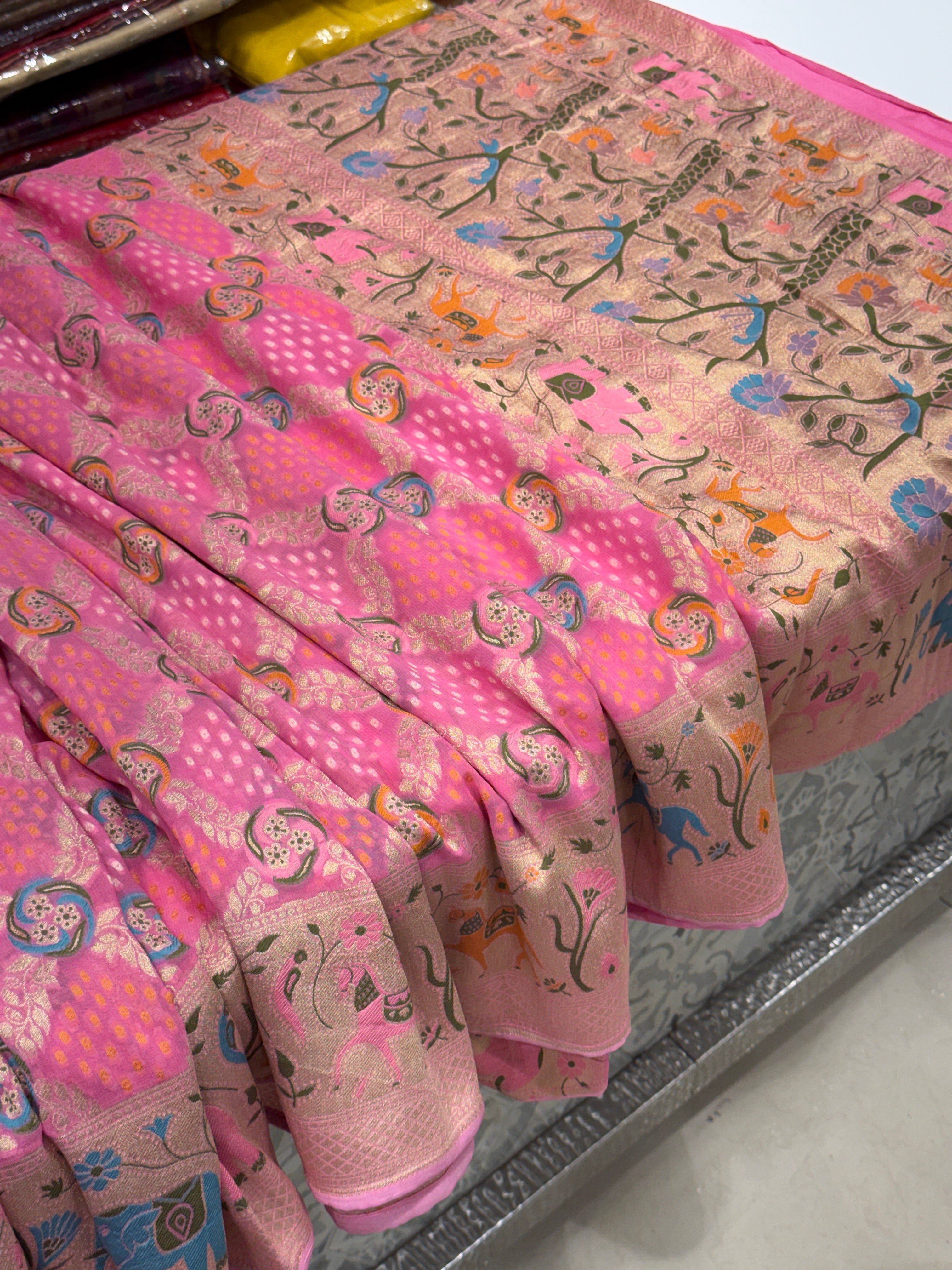 Pink Meenkari Asvah Hastin Border Woven Bandhej Saree