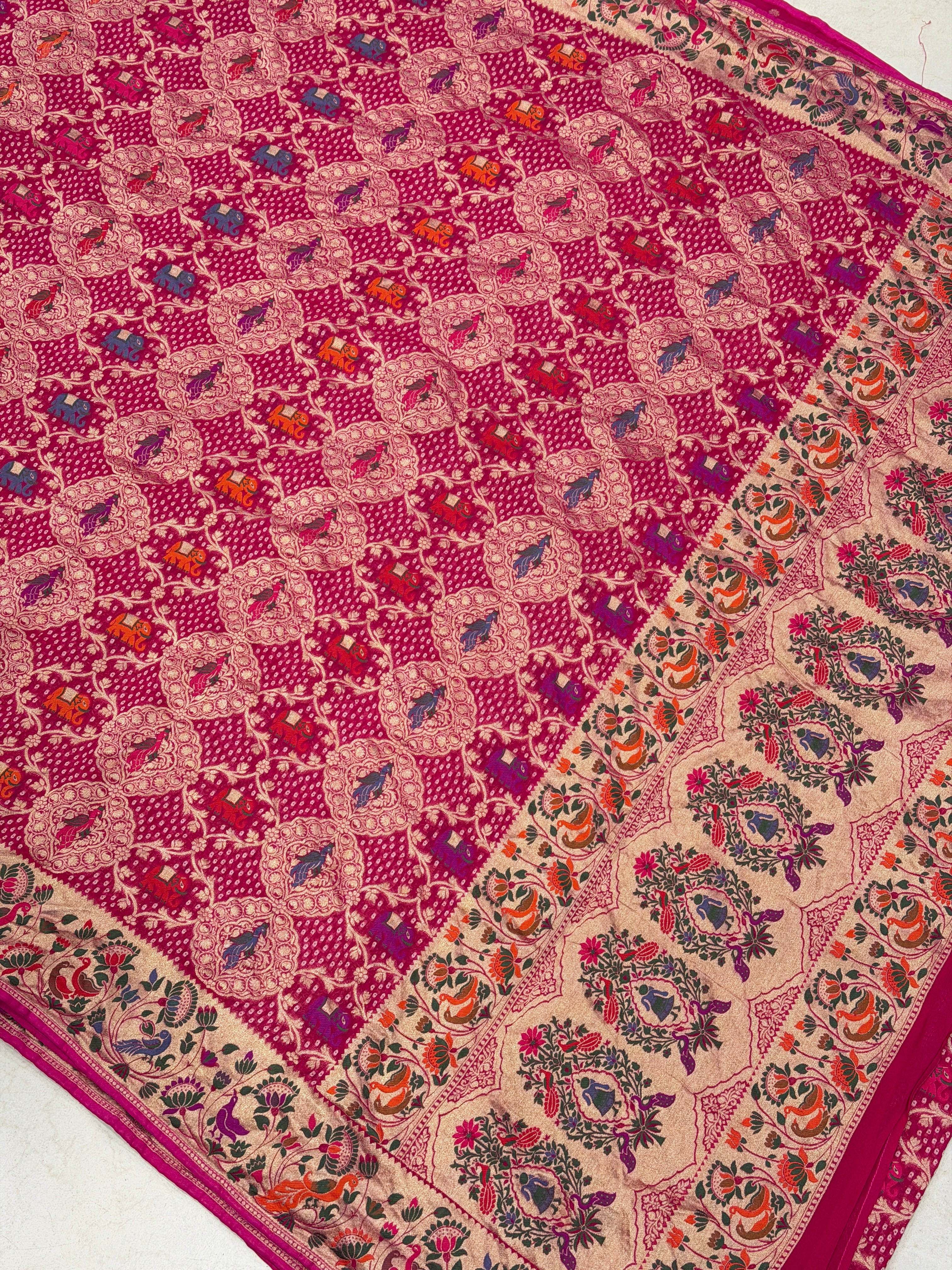 Rani Woven Bandhej Meenakari Peacock Parrot Motif Saree