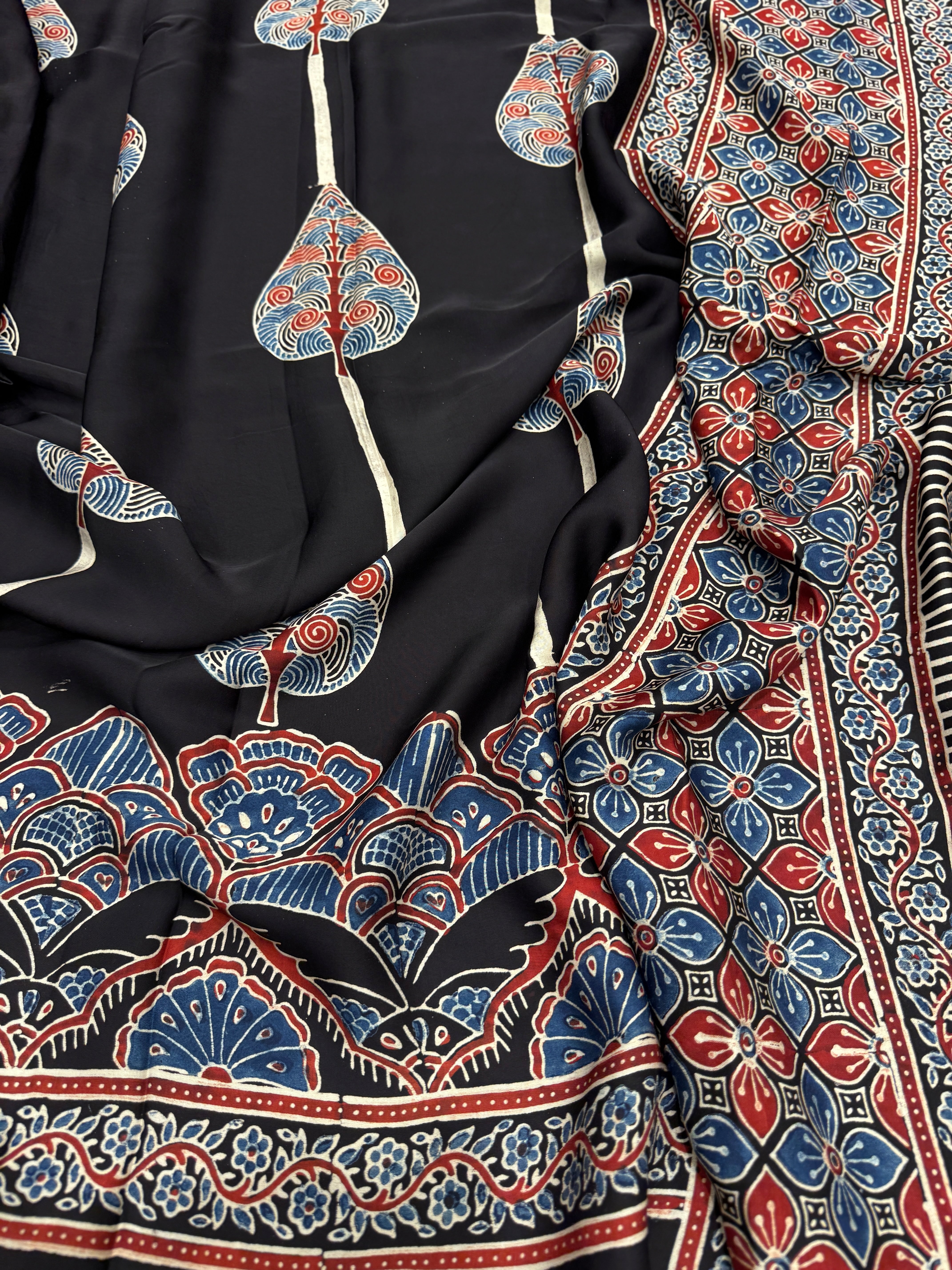 Black Roses Butta Contemporary Modal Gajji Silk Ajrakh Saree