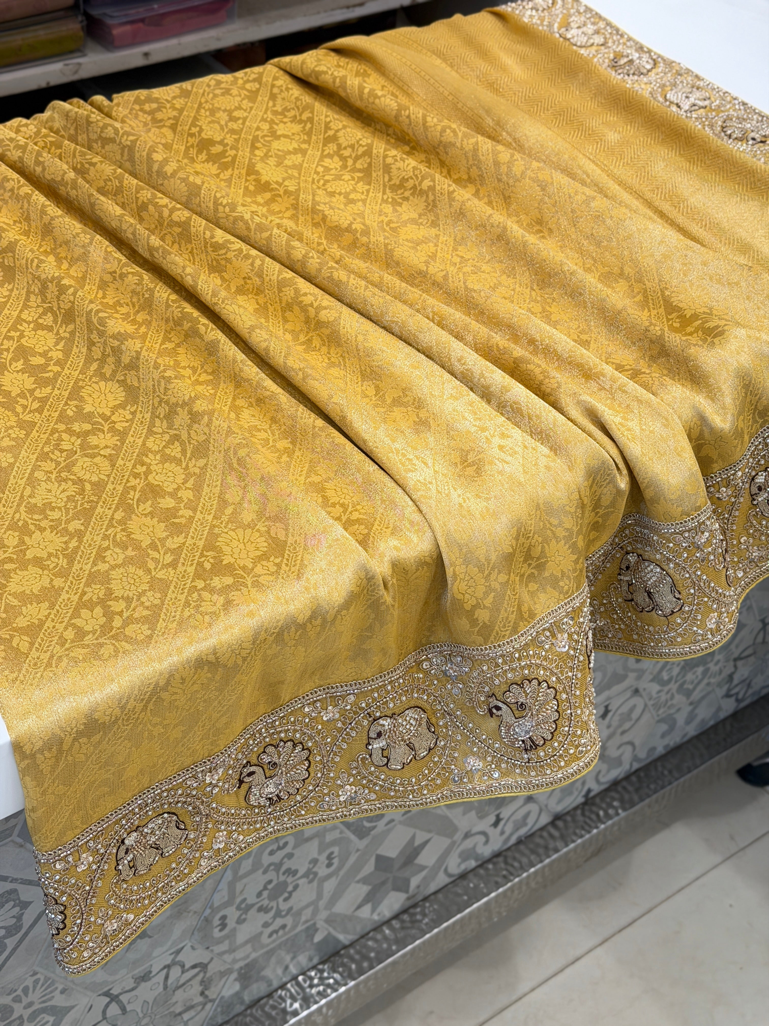Yellow Banarasi Crepe Tissue Elephant Motif Embroidery Saree