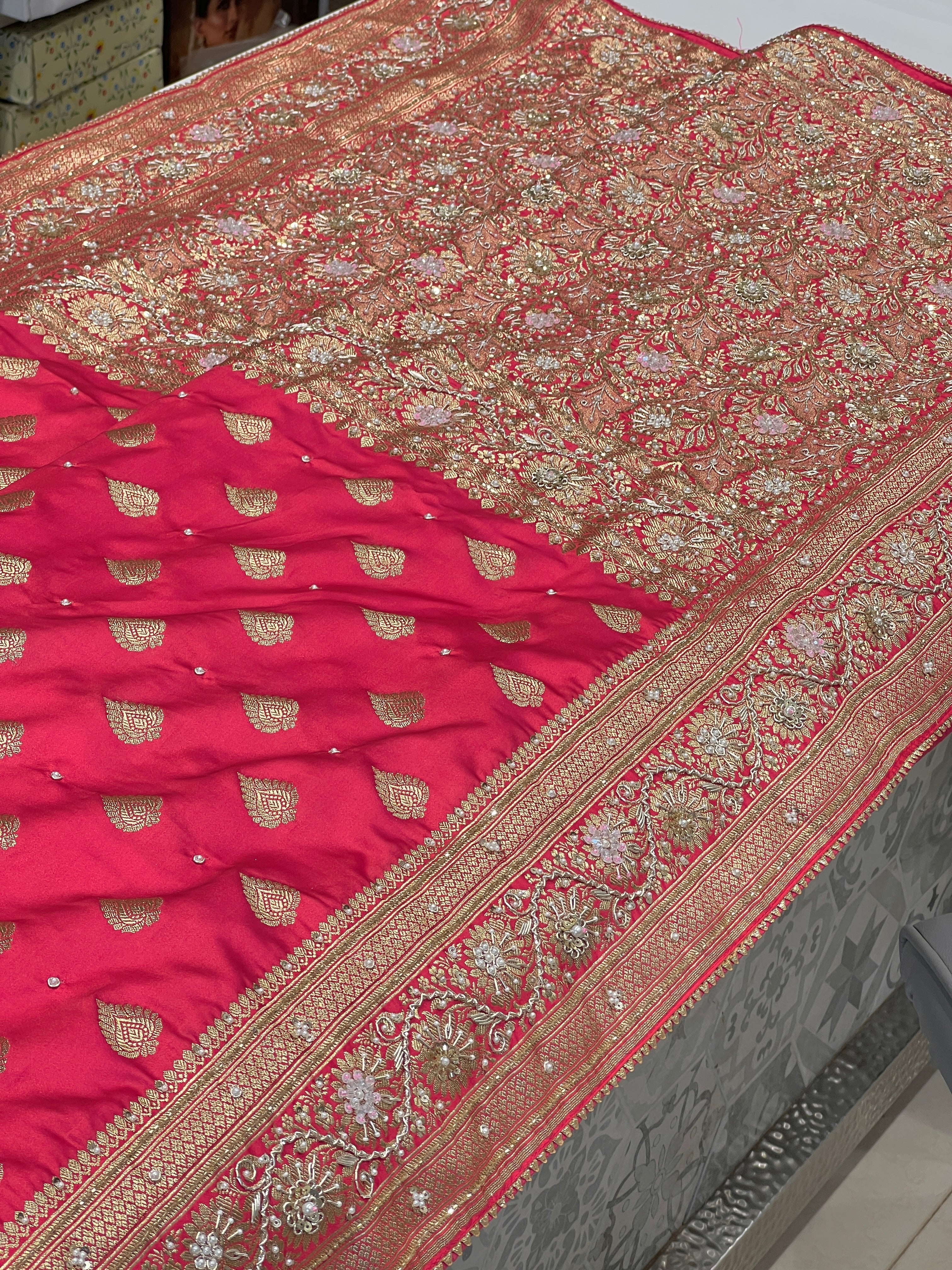 Strawberry Banarasi Silk Butti Hand Embroidery Saree