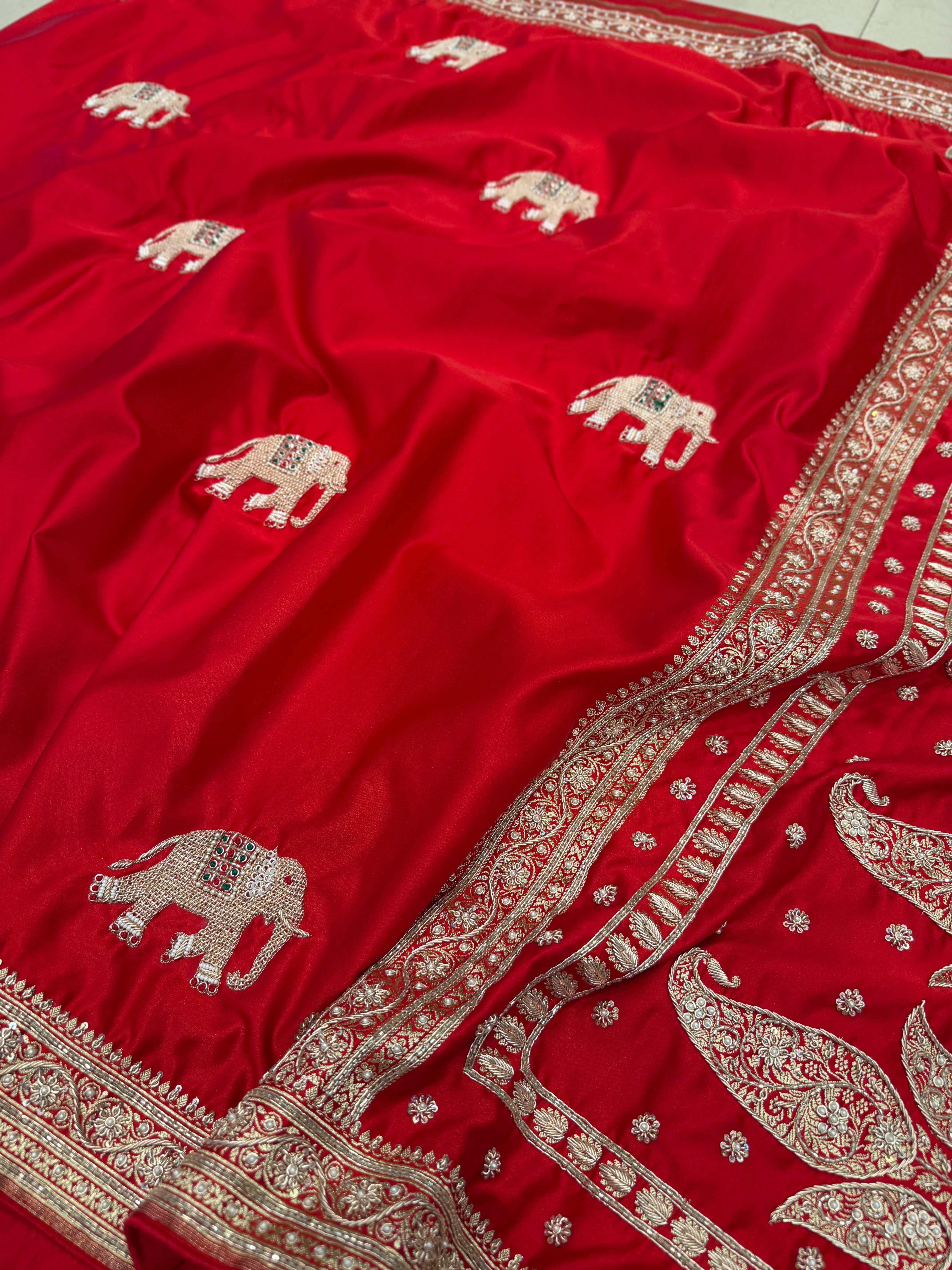 Red Banarasi Gajraj Motif Zardosi Hand Embroidery Saree