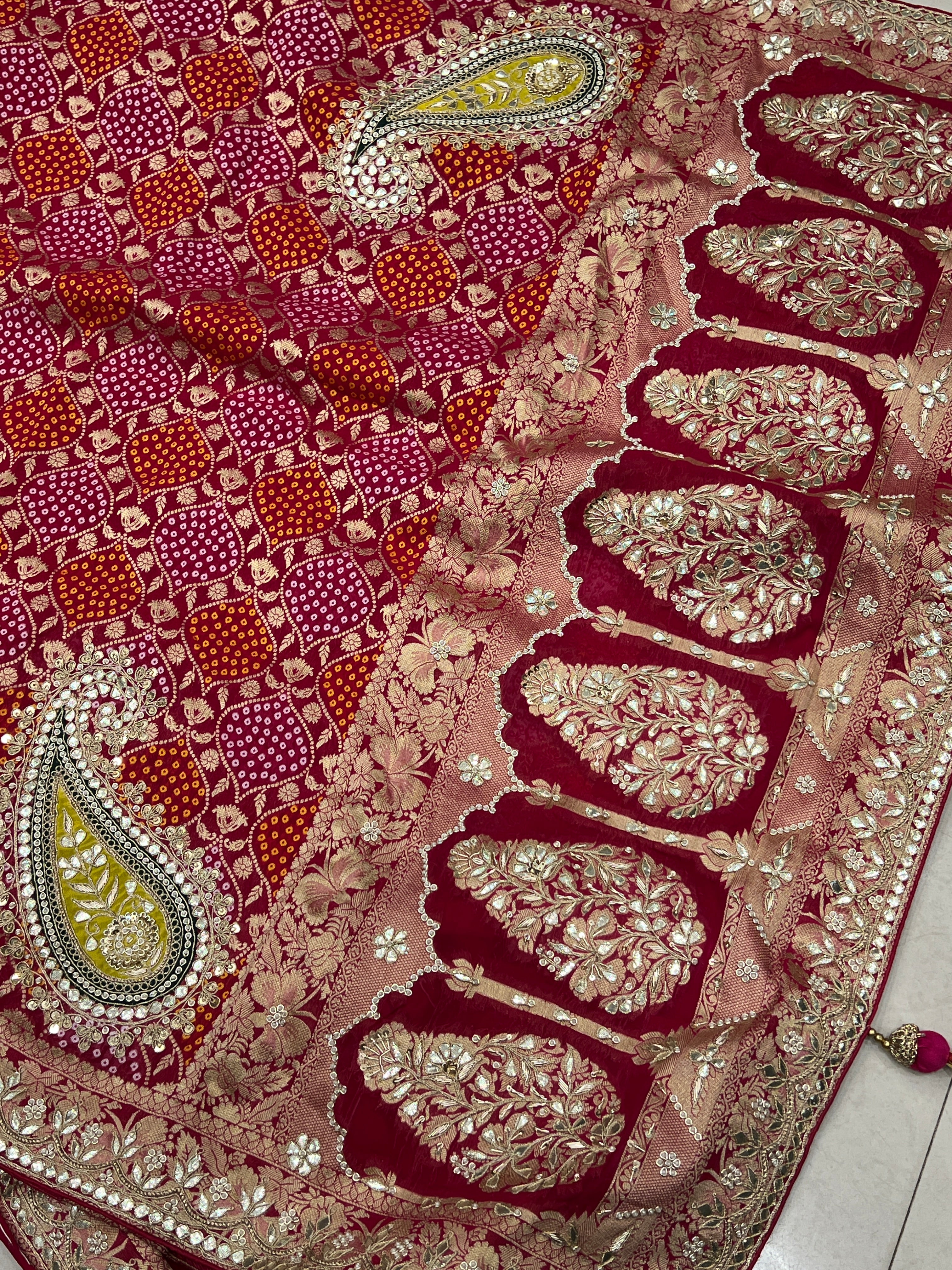 Rani Woven Bandhej Gotapatti Patch Hand Embroidery Saree
