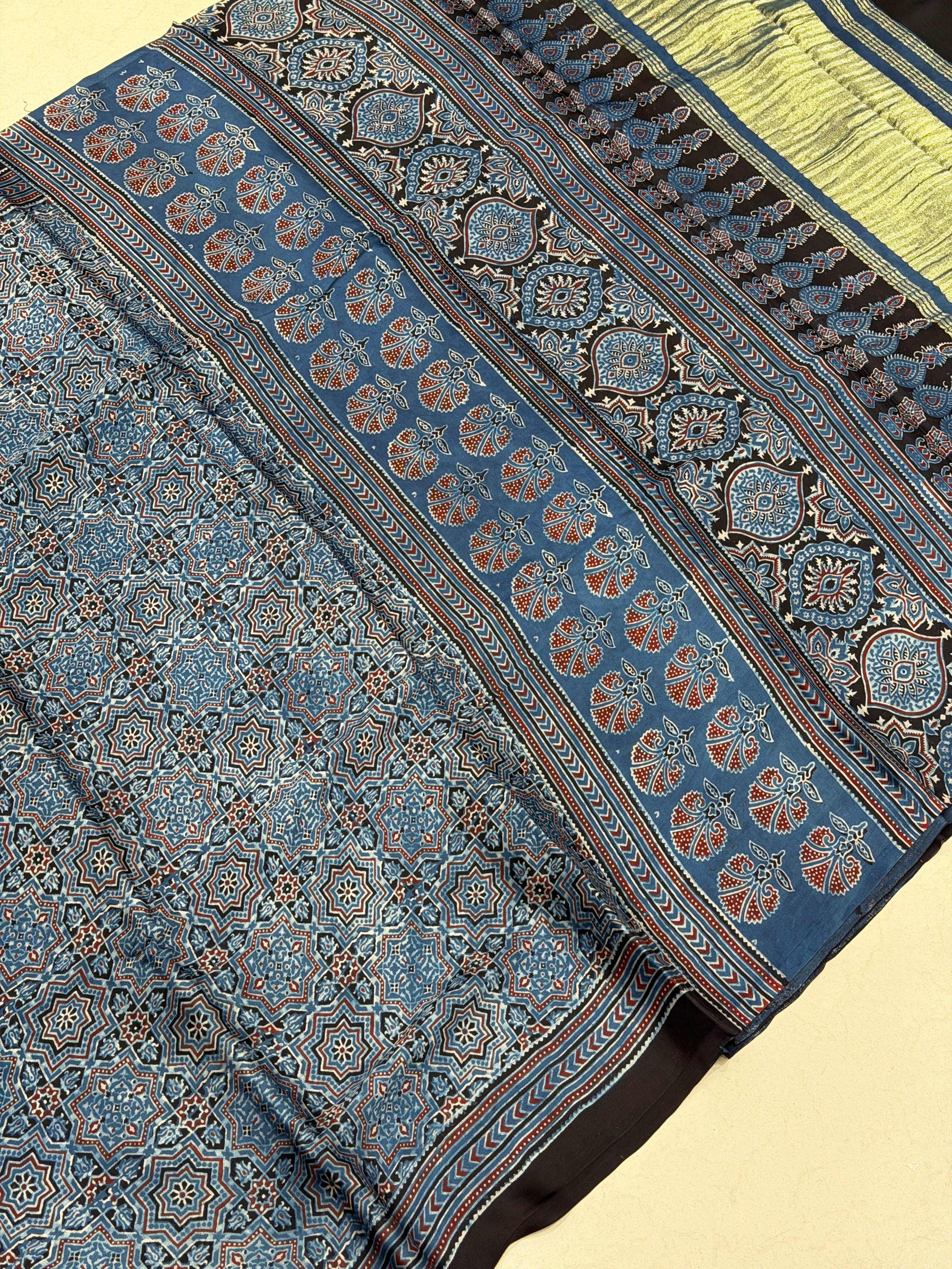 Blue Jaal Lagdipatta Ajrakh Hand Block Print Pure Modal Silk Saree
