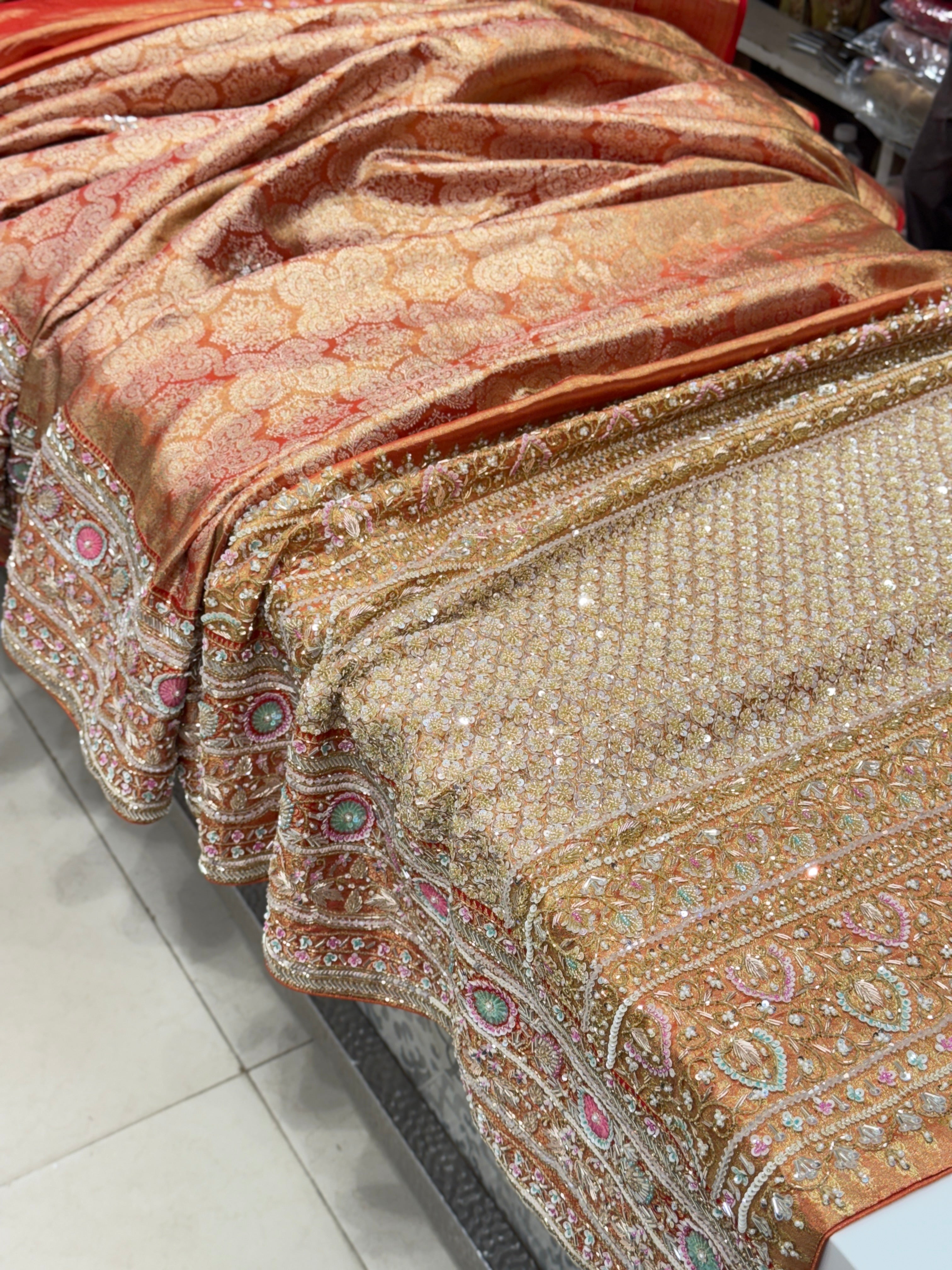 Red Gold Tissue Kanjivaram Hand Embroidery Saree