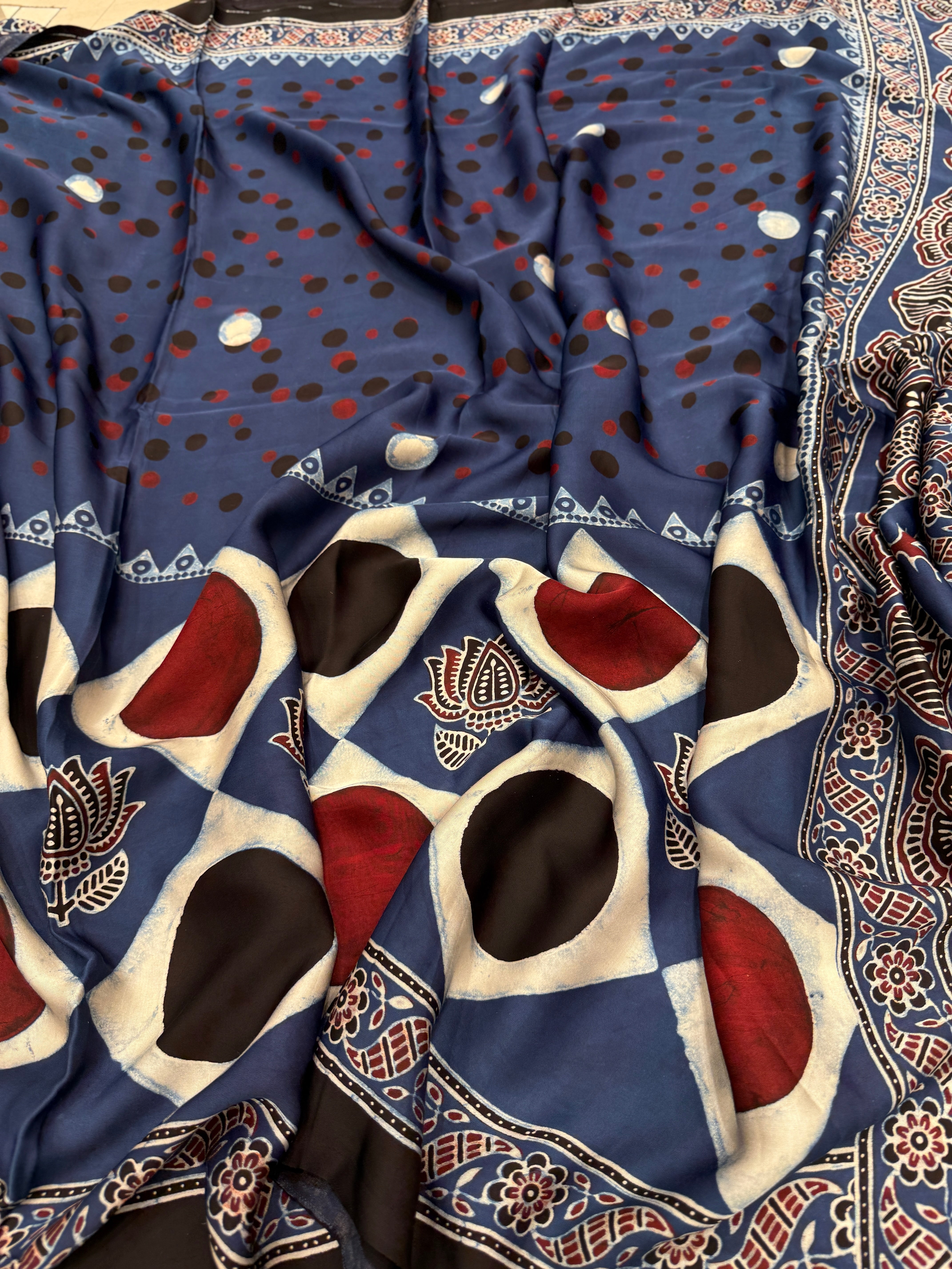 Blue Polka Dots Ajrakh Block Print Hand Pure Gajji Silk Saree