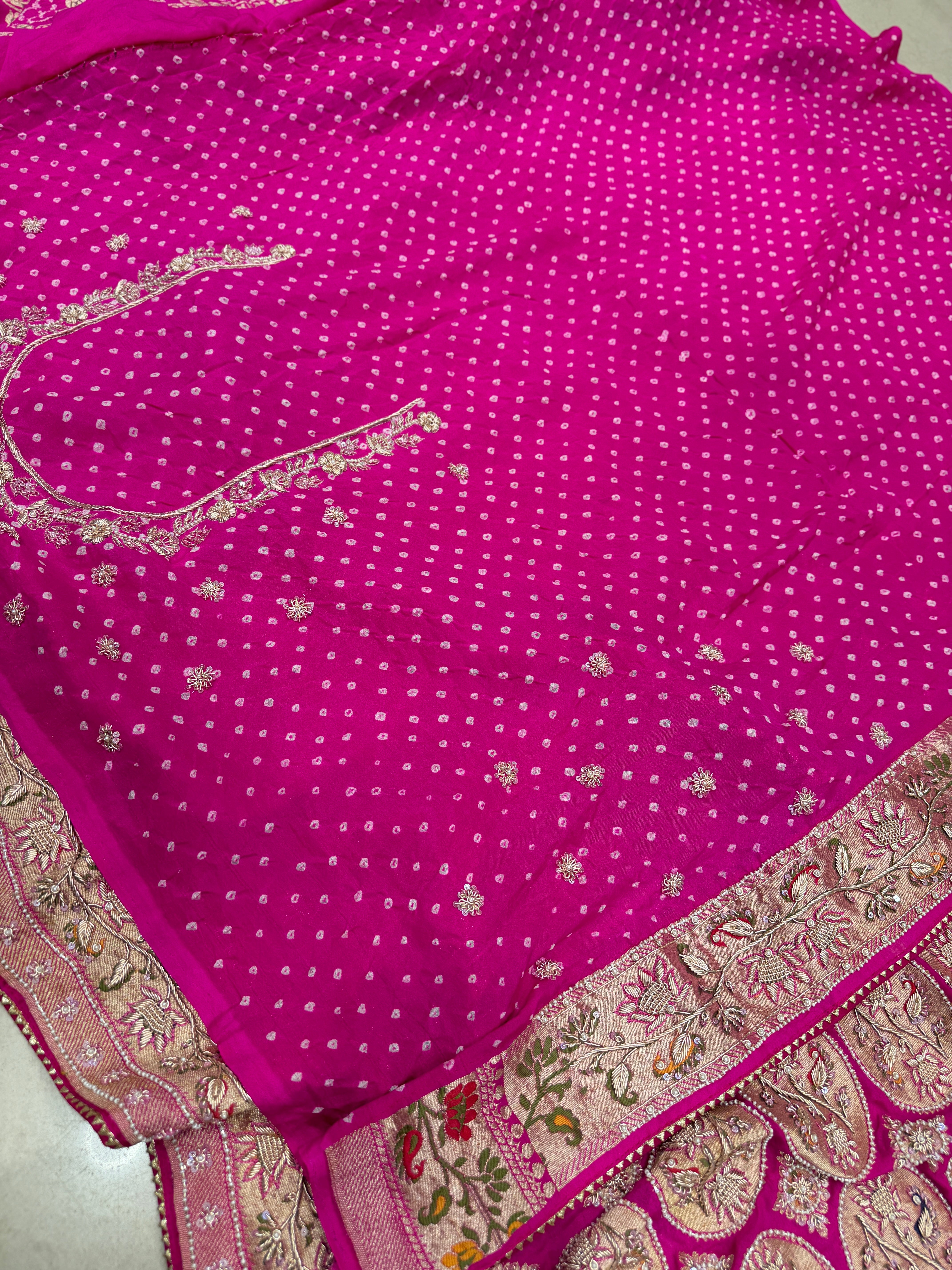 Rani Pink Gharchola Rai Bandhej Zardosi Hand Embroidery Saree