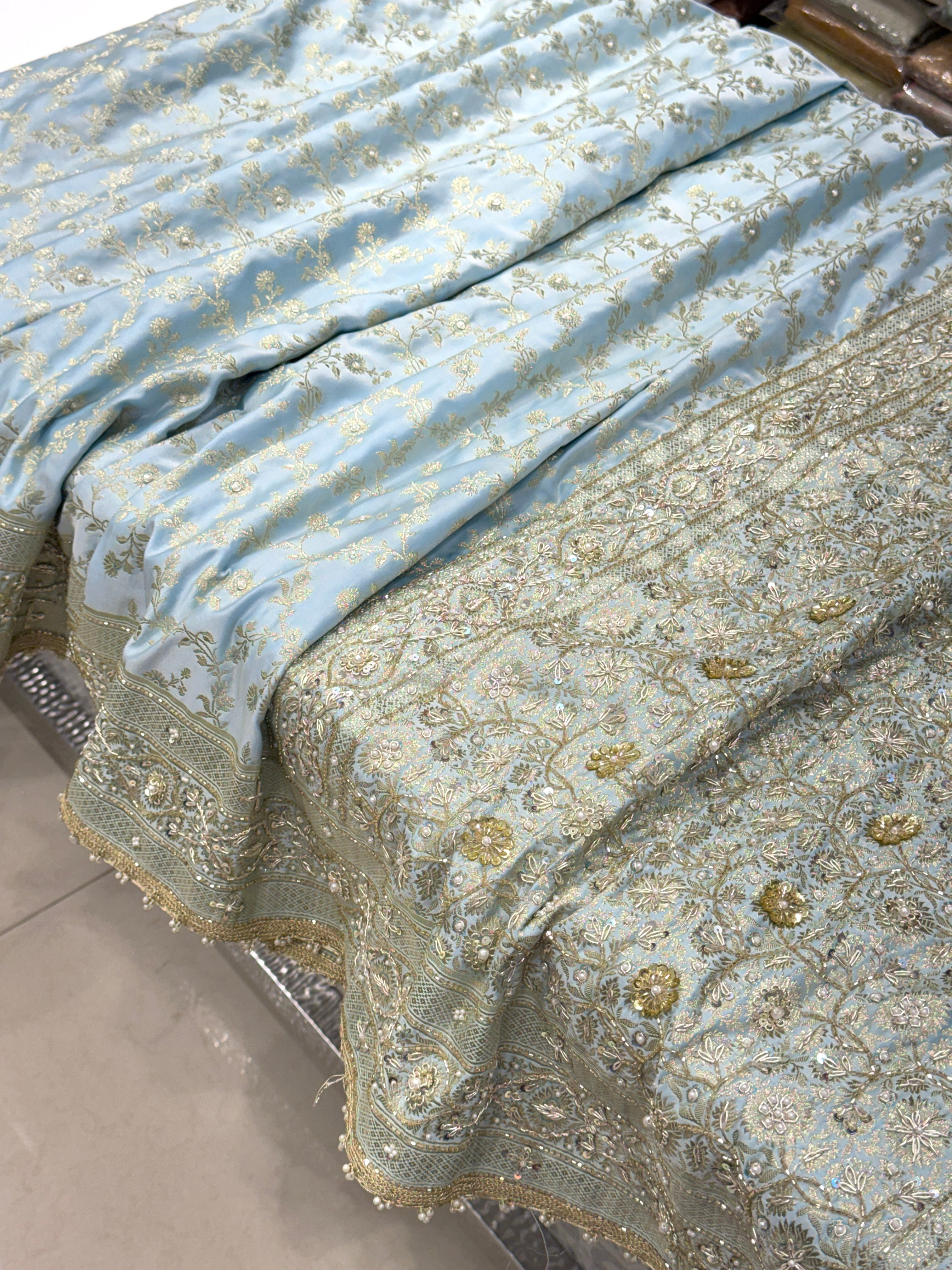 Blue Banarasi Silk Flower Border Hand Embroidery Saree