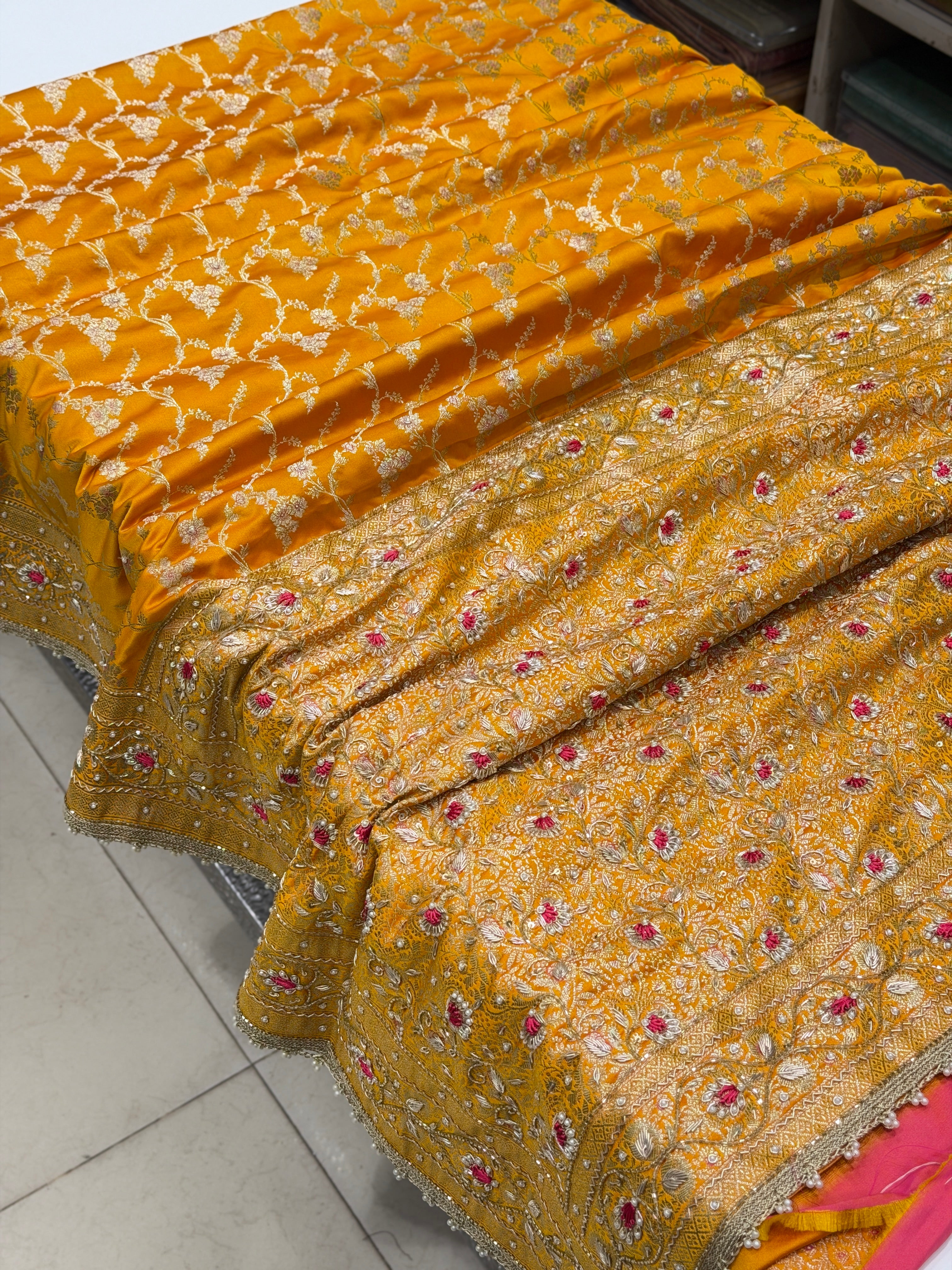 Mango Yellow Banarasi Jasmine Jaal Contrast Resham Embroidery Saree