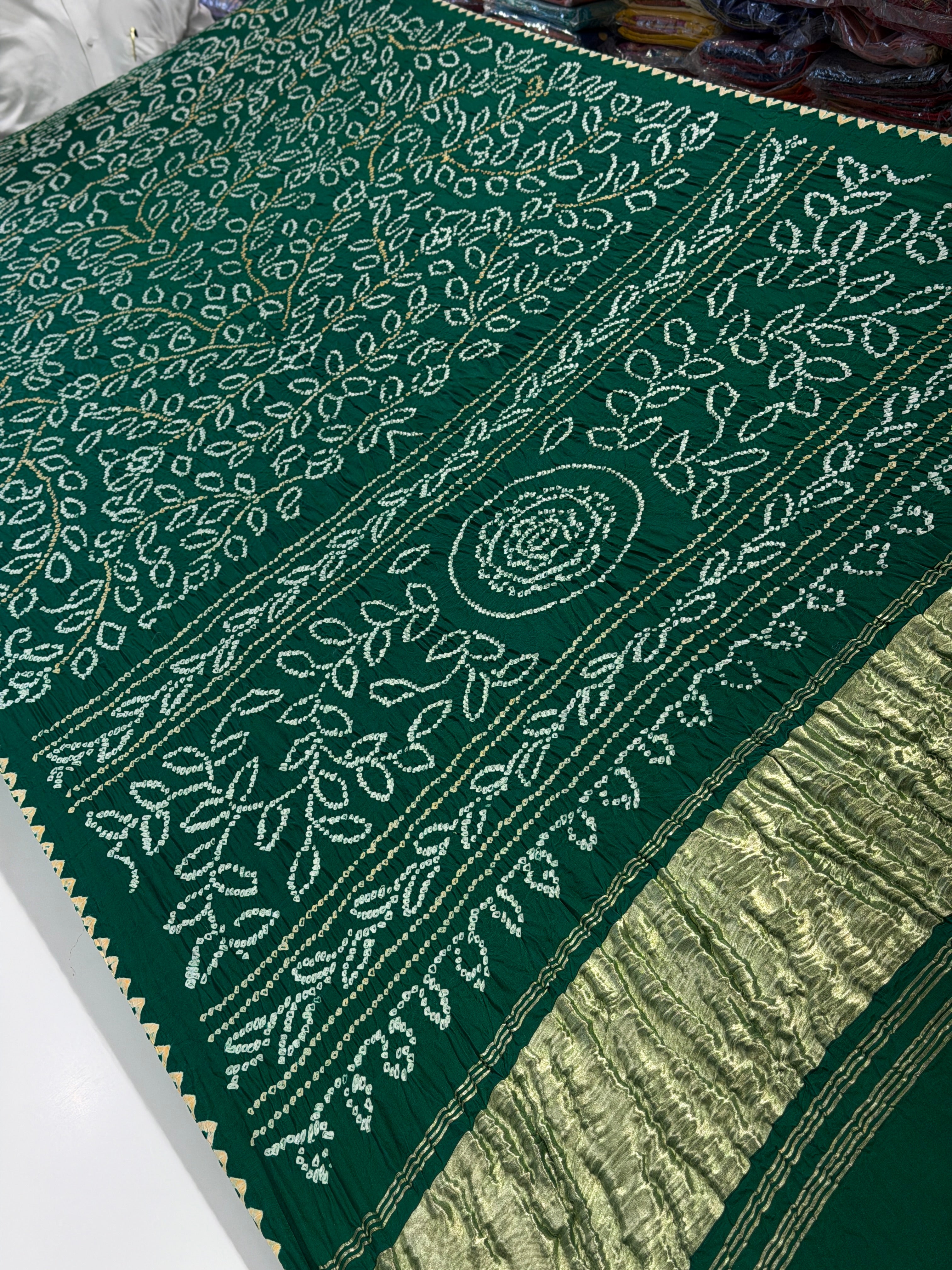 Bottle Green Ambadal Pure Gajji Silk Rai Bandhej Hand Made Saree