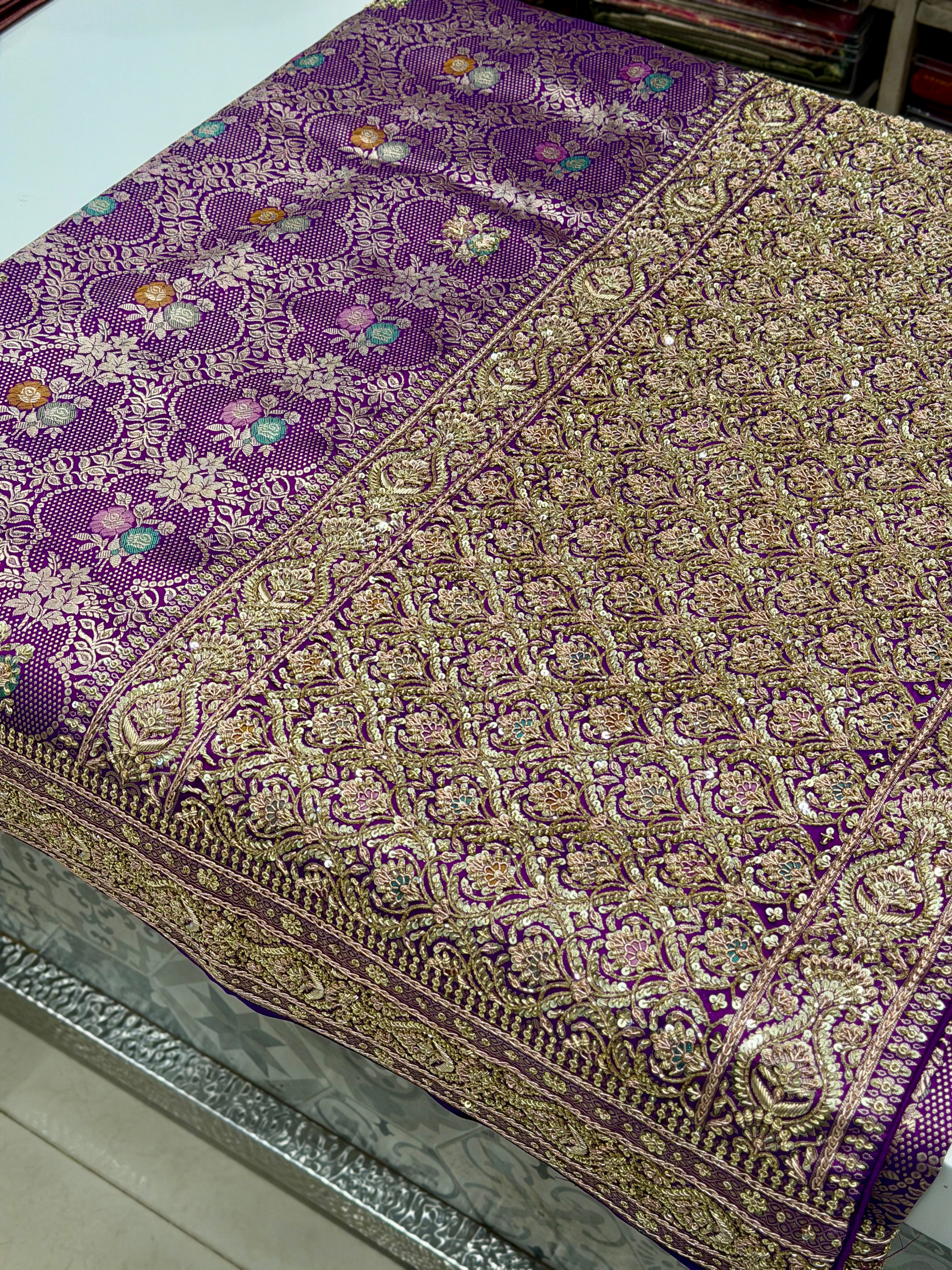 Violet Brocade Meenakari Handloom Banarasi Katan Silk Zardosi Hand Embroidery Saree