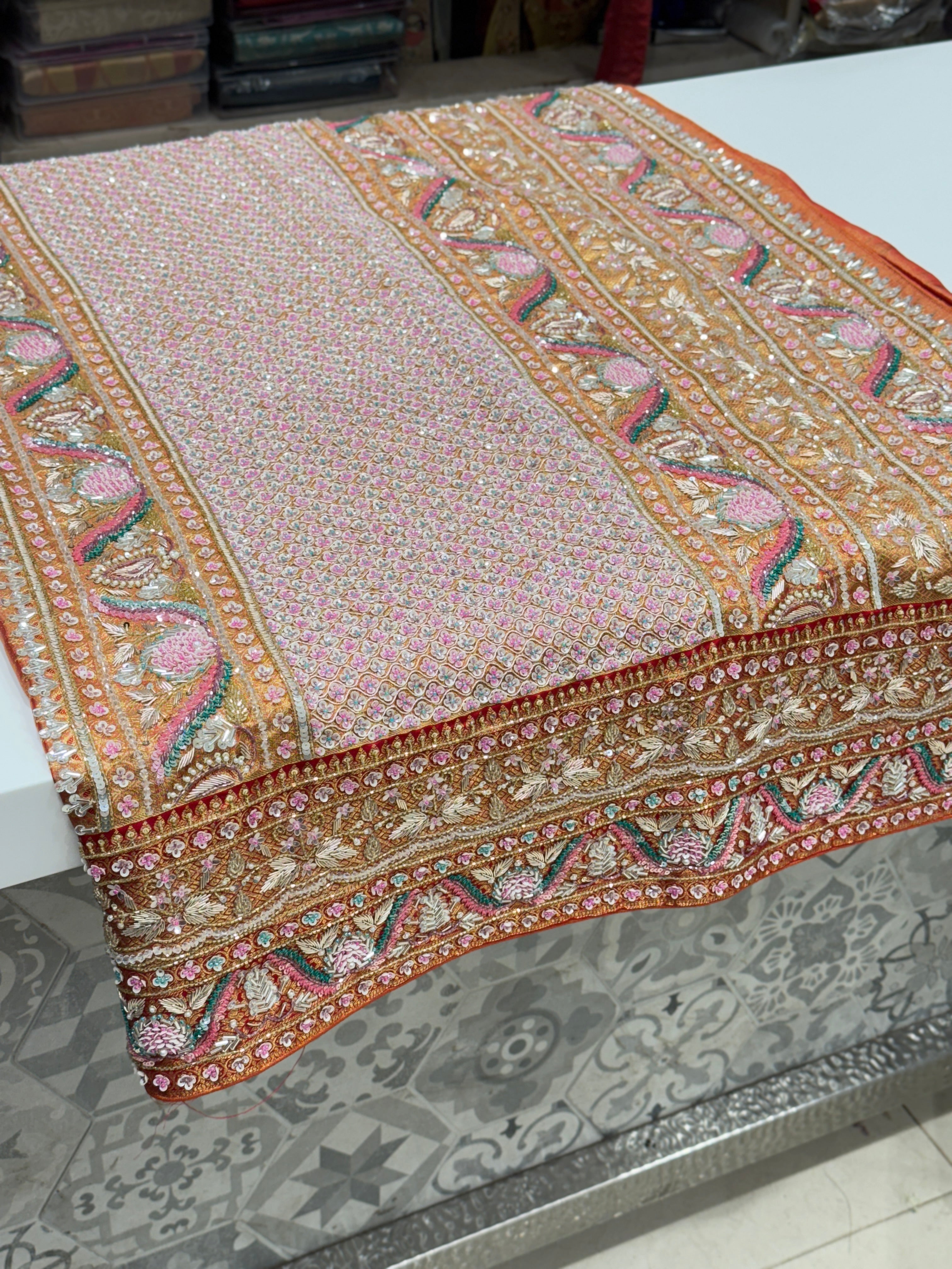 Pink Red Jaal Tissue Kanjivaram Hand Embroidery Saree