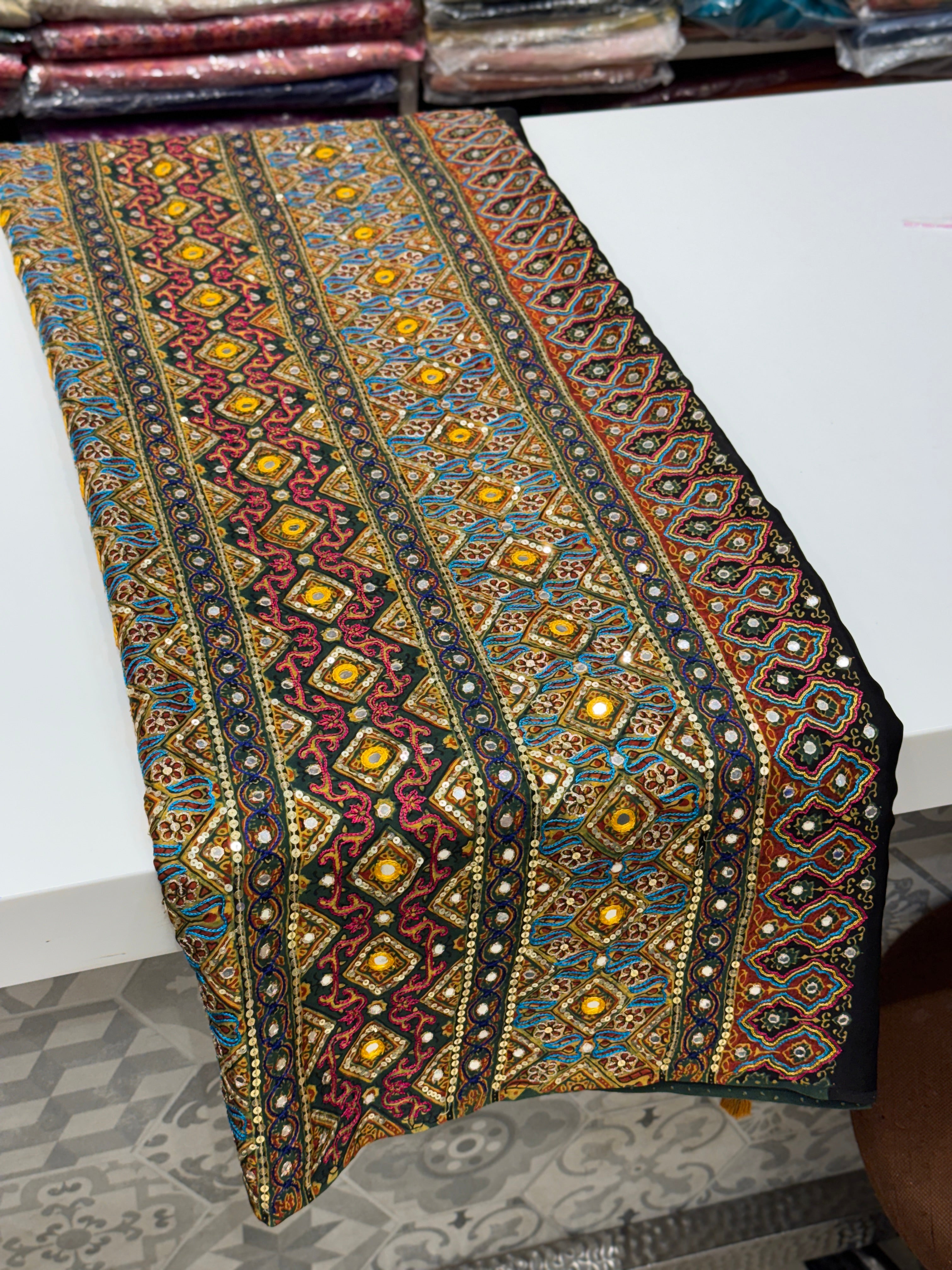 Green Kutchi Hand Embroidery Ajrakh Saree