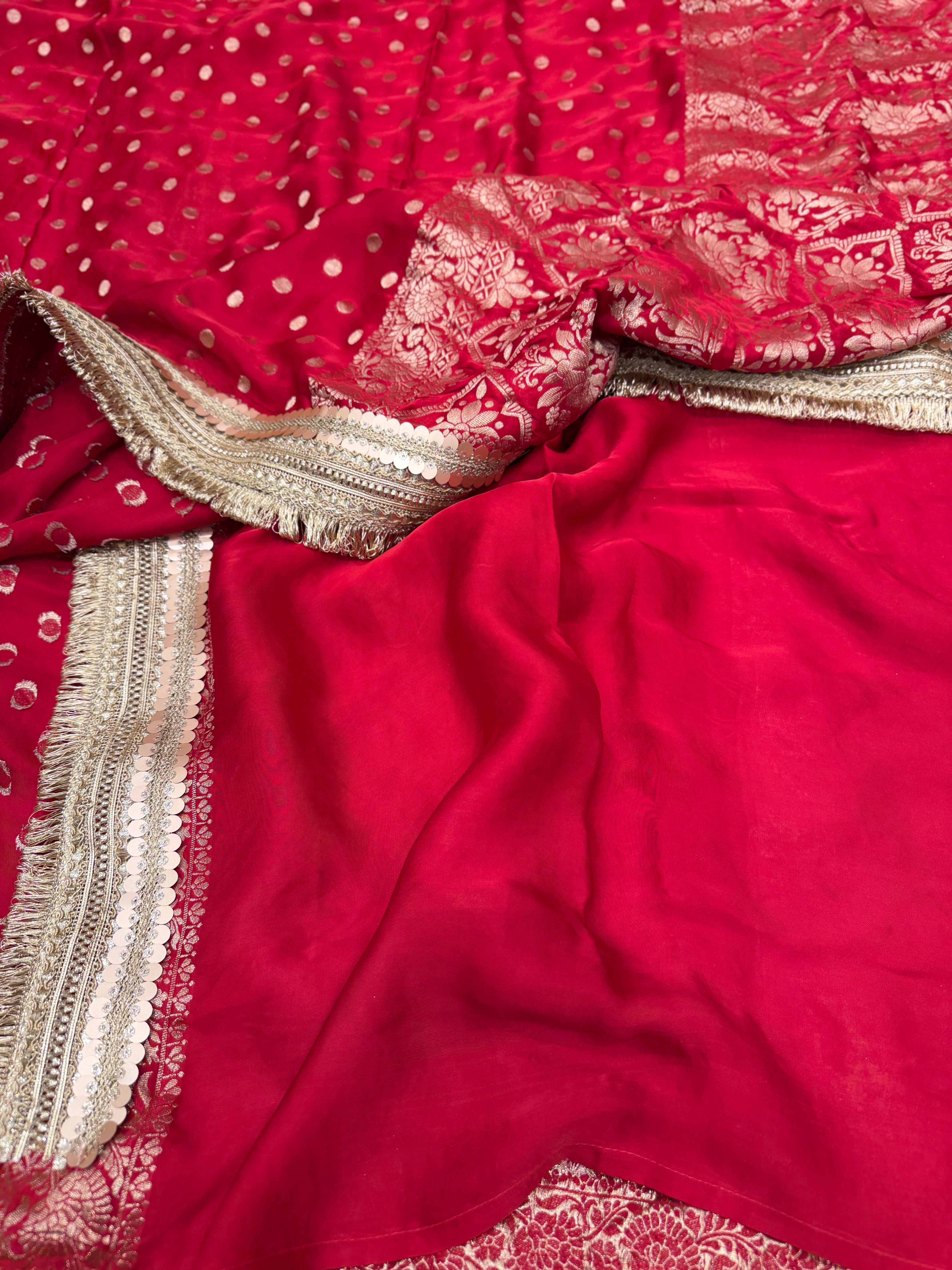 Red Polka Dot Satin Silk Maharani Lace Saree