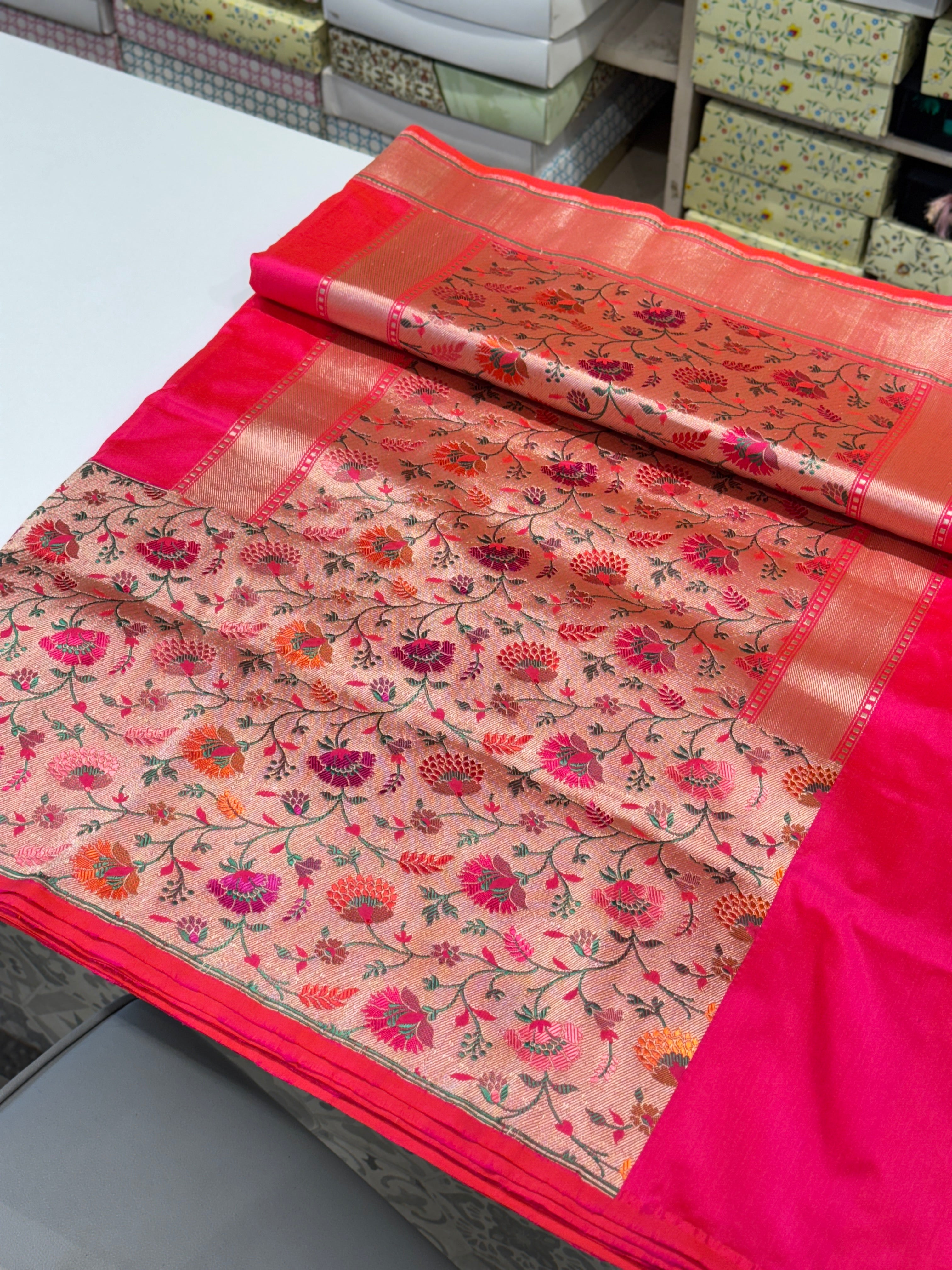 Handloom Rani Pink Banarasi Katan Silk Paithani Saree