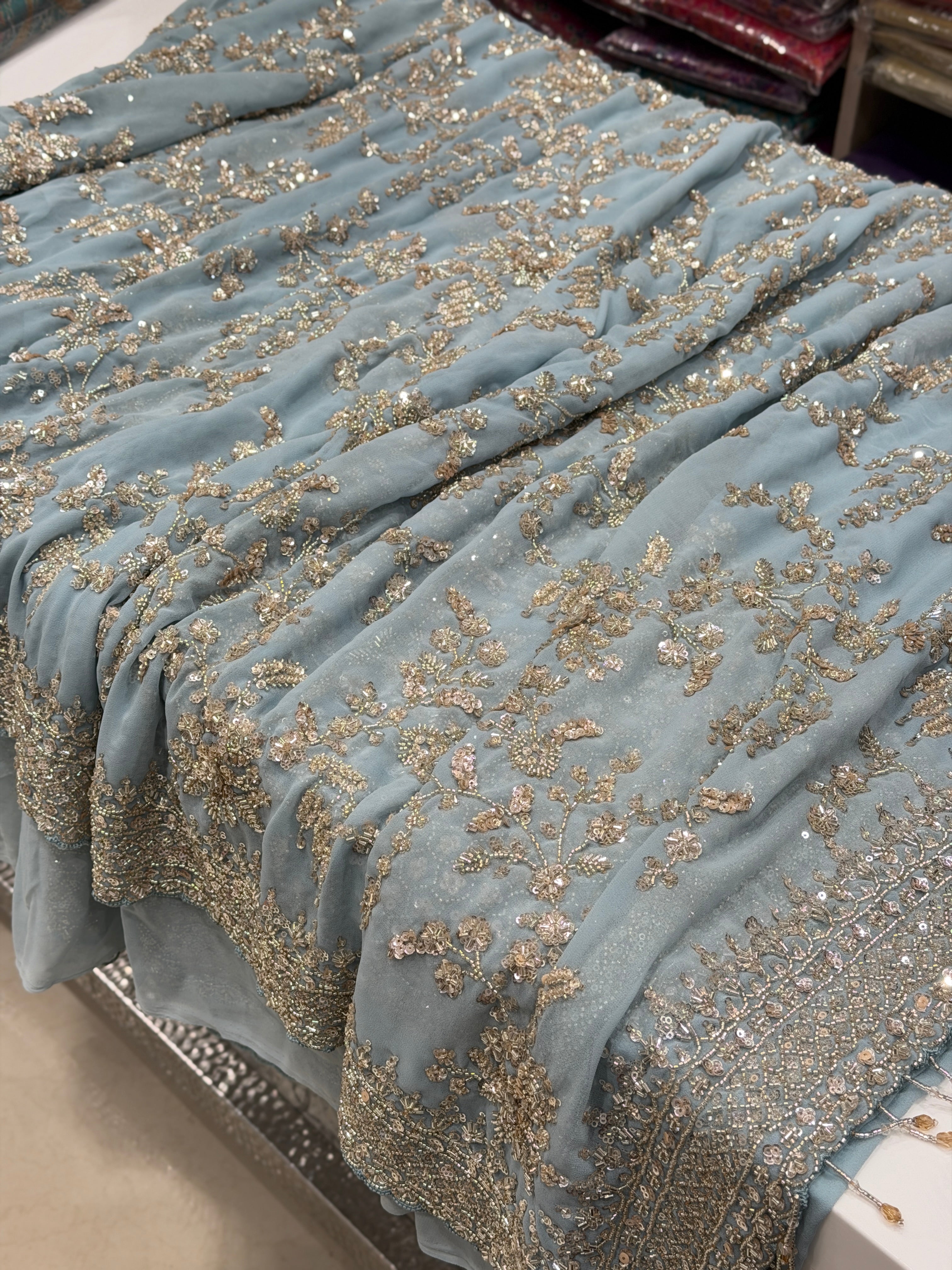 Powder Blue Manish Malhotra Inspired Georgette Moti Sequin Jaal Saree