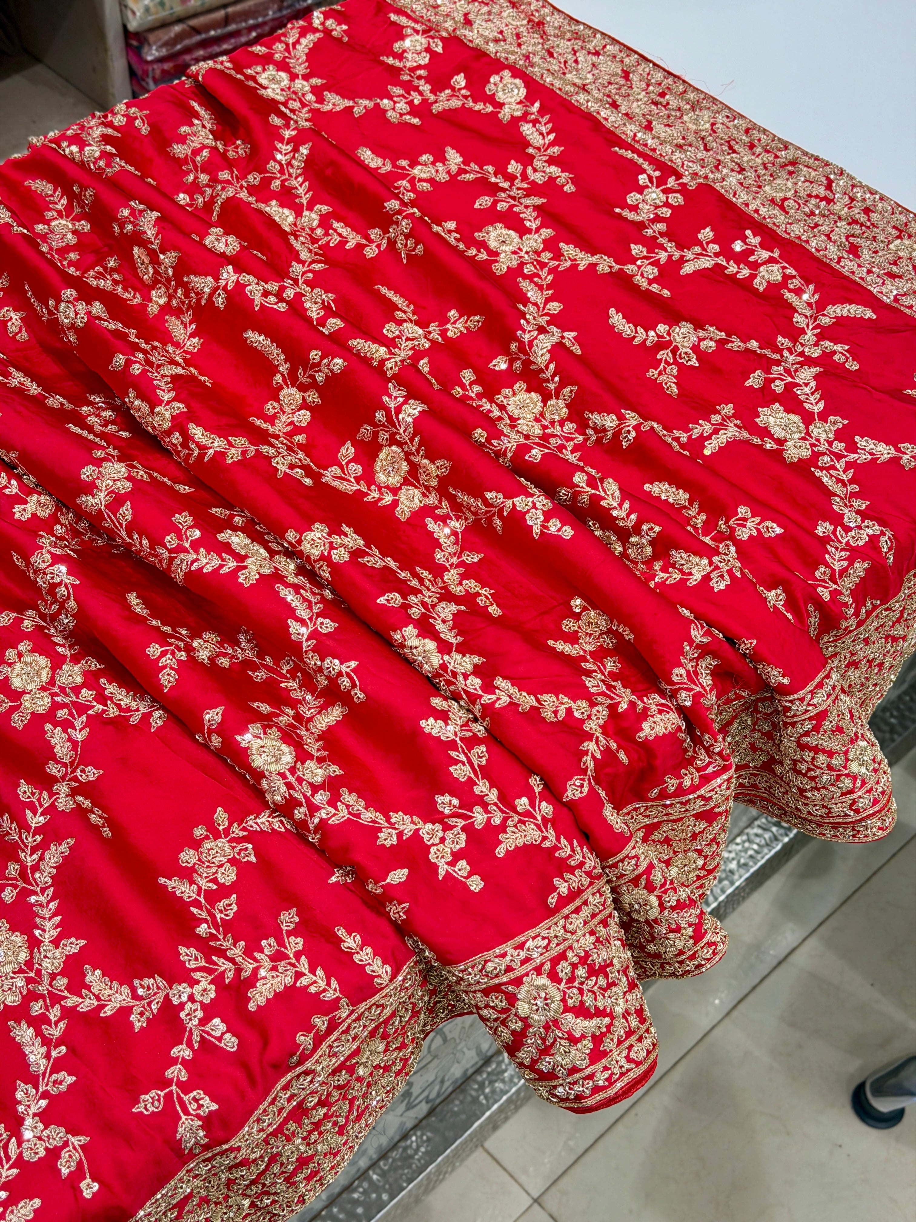 Red Pure Satin Silk Zardosi Hand Embroidery Jaal Saree