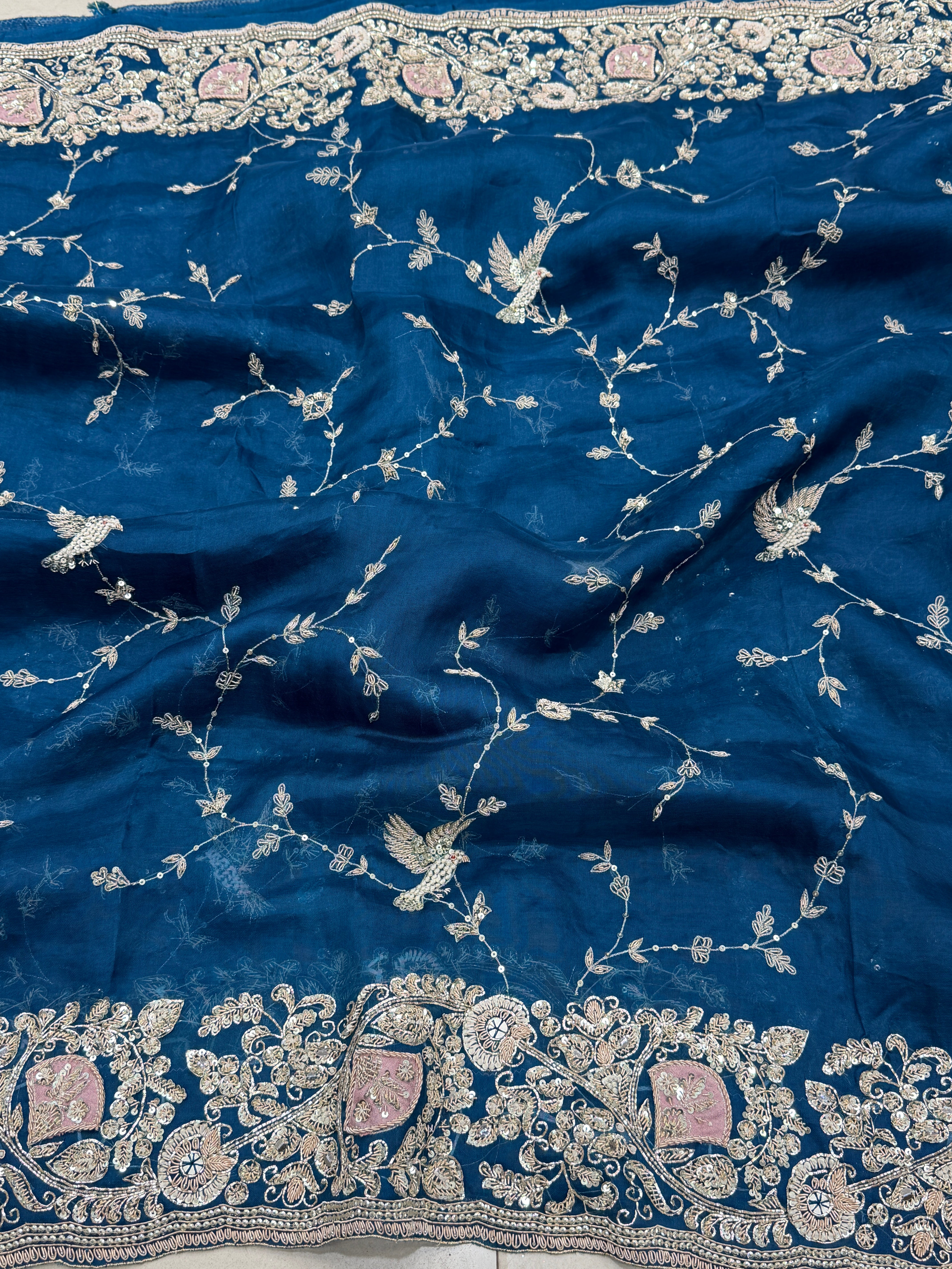 Petrol Blue Patch Work Zardosi Hand Embroidery Saree