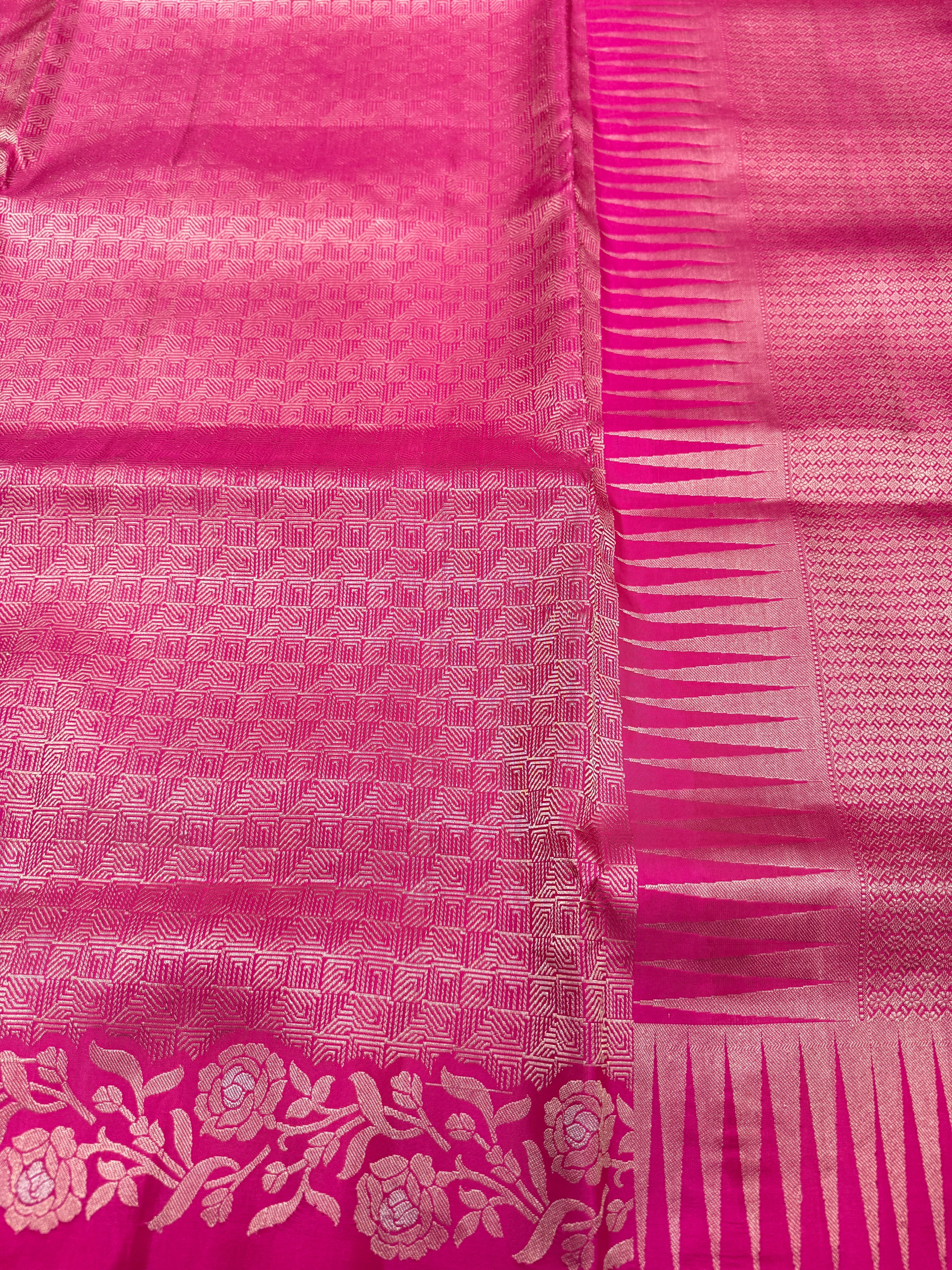 Rani Pink Rose Border Brocade Handloom Kanchipuram Pure Silk Saree