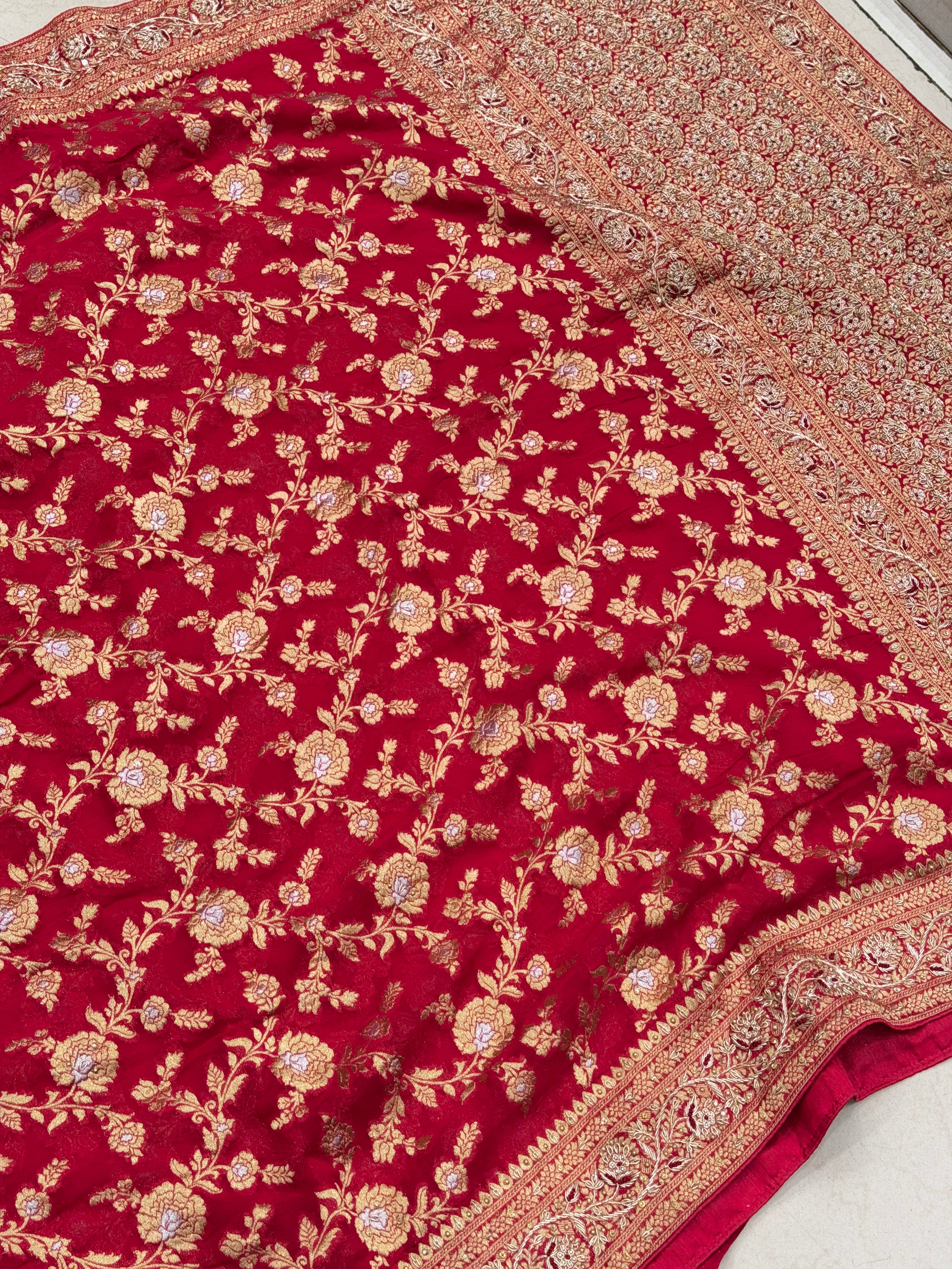 Rani Pink Banarasi Khaddi Georgette Zardosi Hand Embroidery Saree