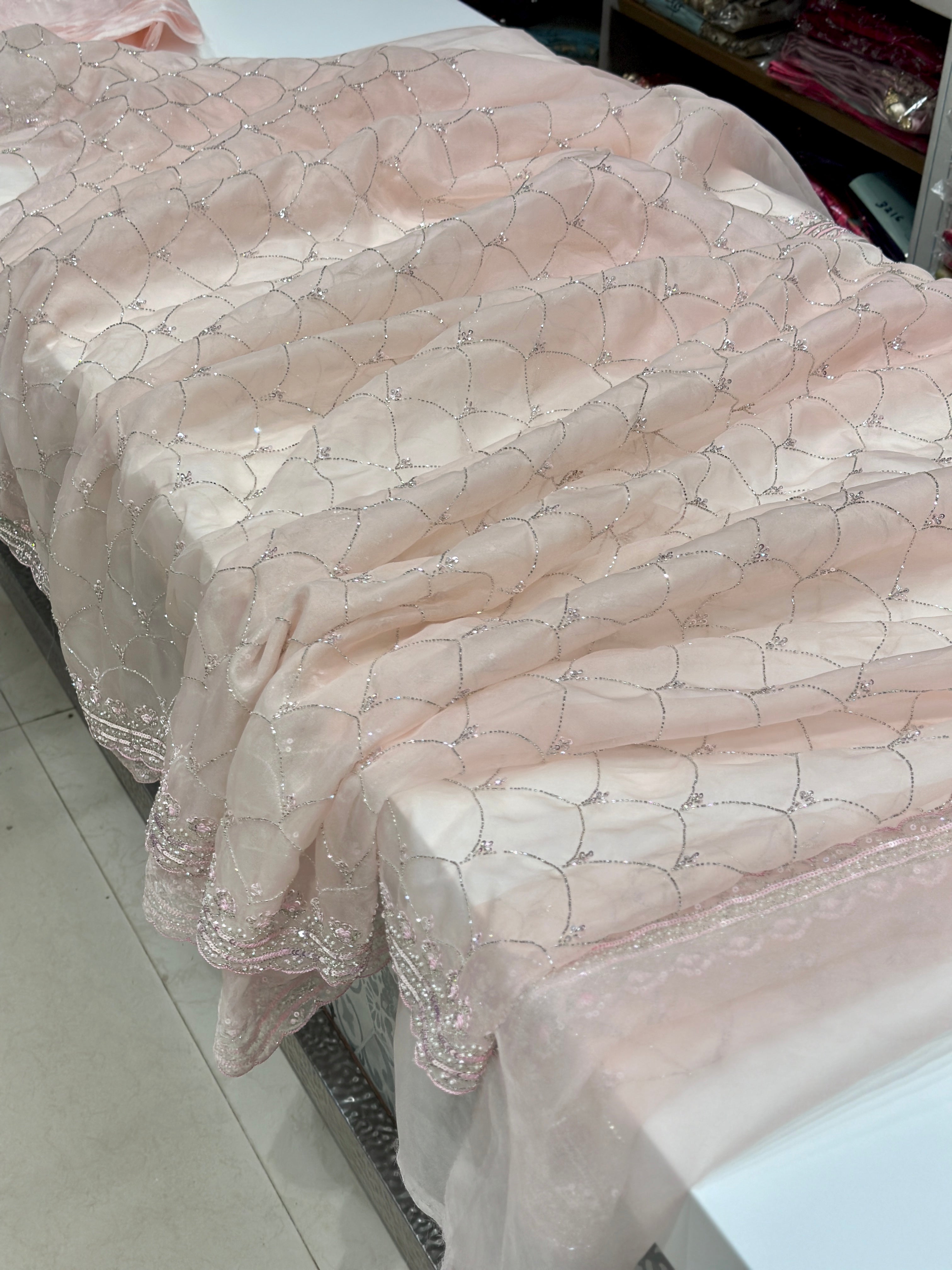 Pink Organza Moti Sequin Salli Embroidery Saree