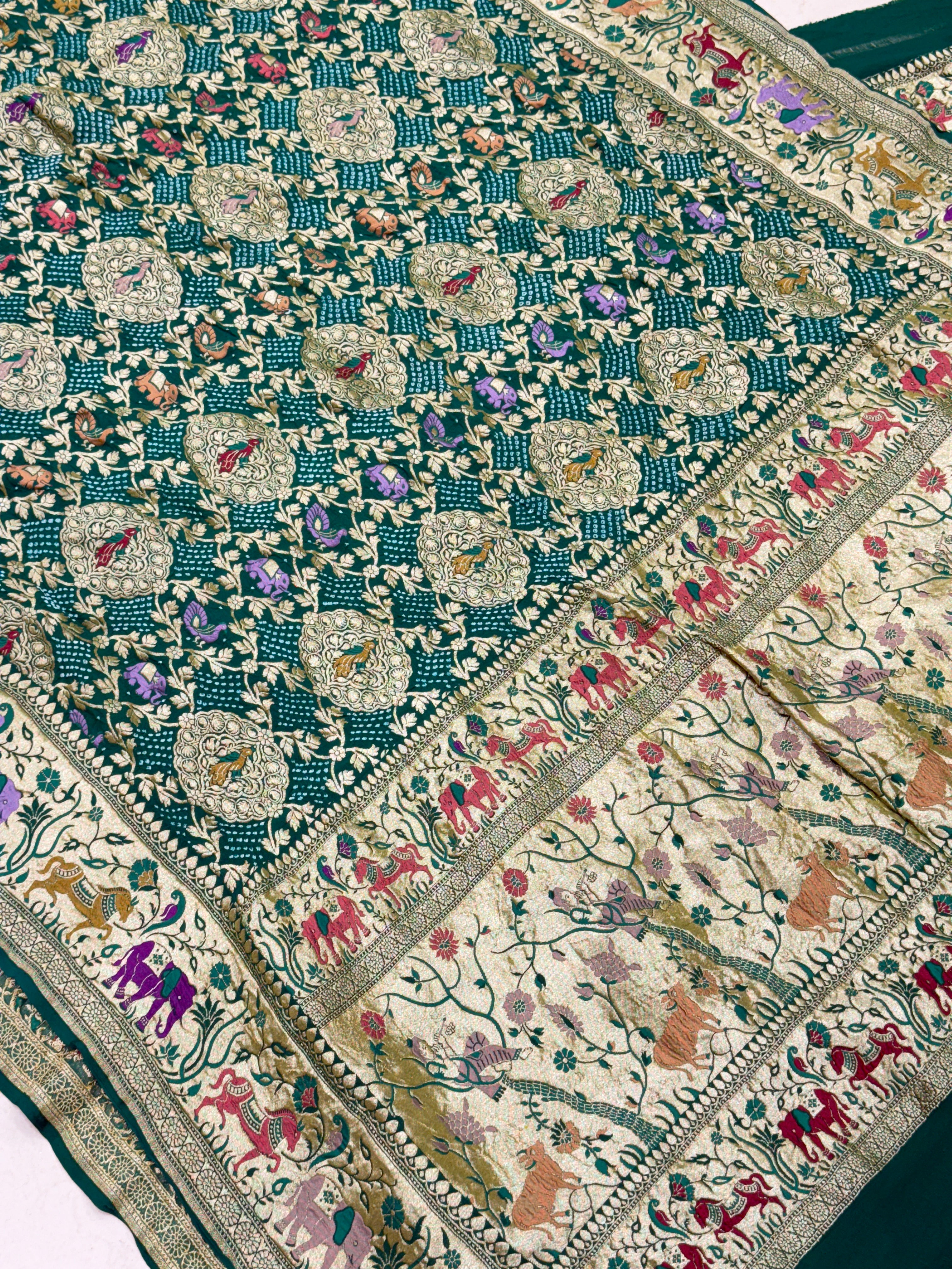 Bottle Green Bandhej Meenakari Kadwa Saree