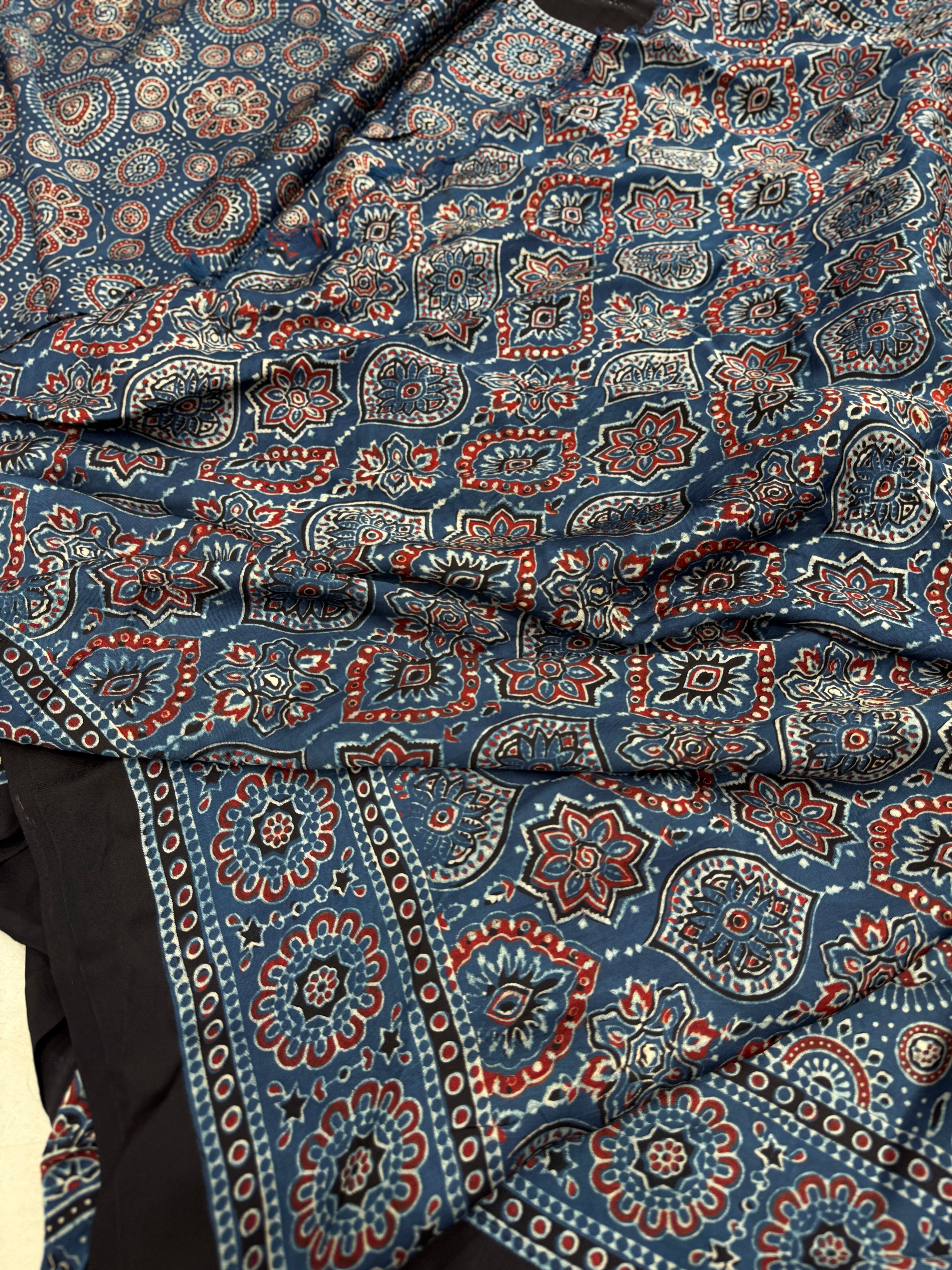 Blue Badam Circle Jaal Ajrakh Block Print Hand Pure Gajji Silk Saree