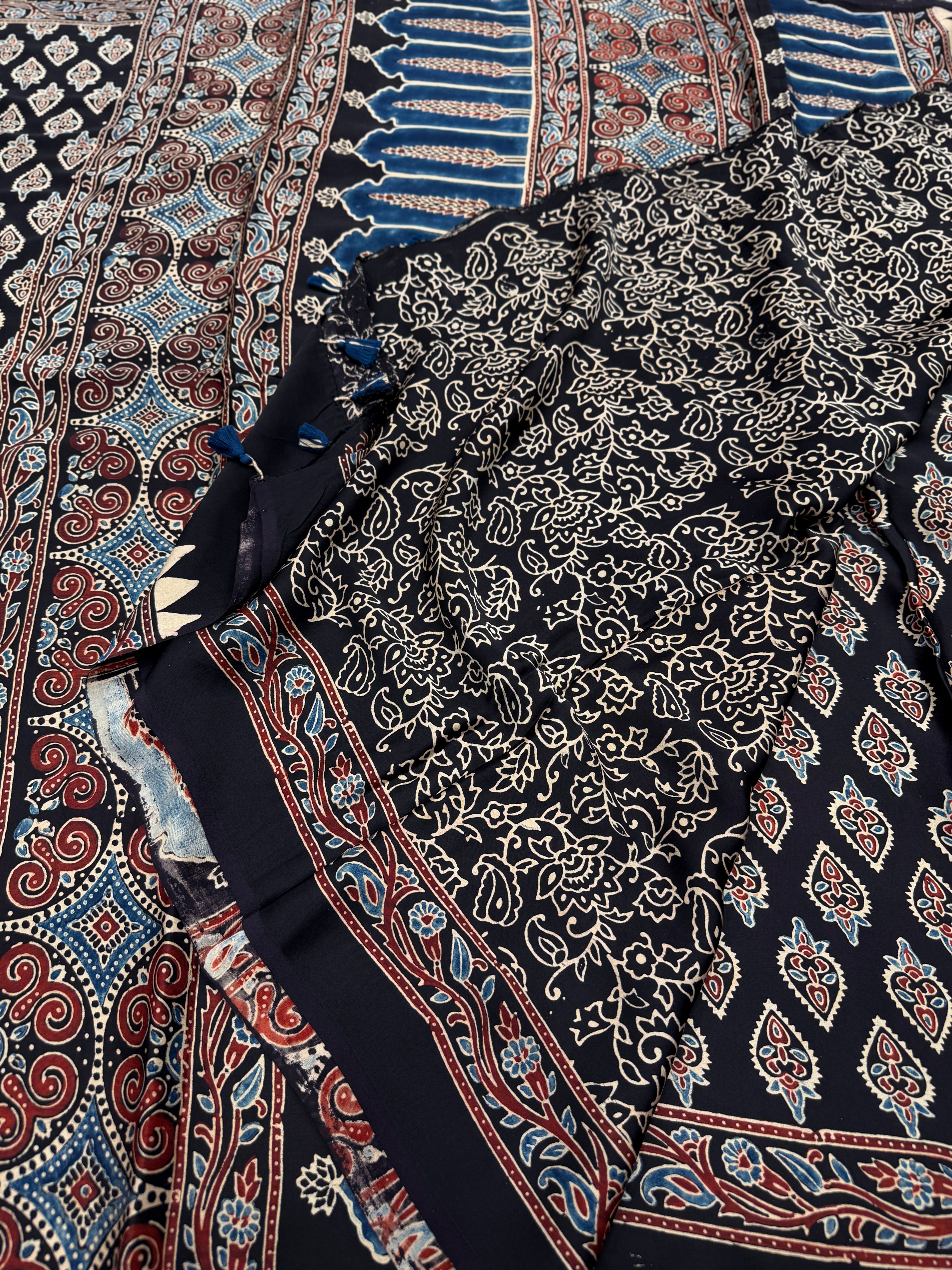 Black Keri Butta Ajrakh Block Print Hand Pure Gajji Silk Saree