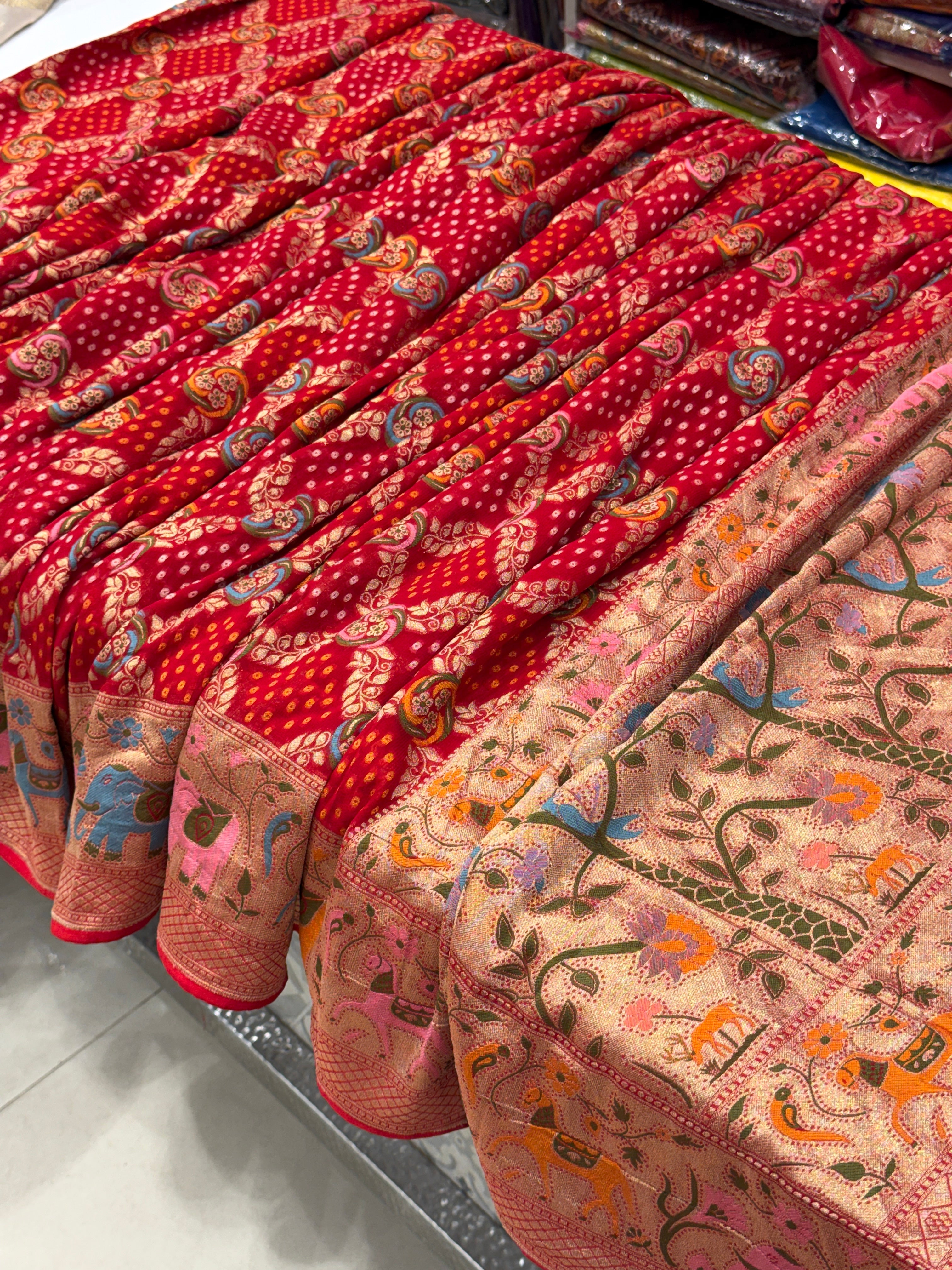 Red Meenkari Asvah Hastin Border Woven Bandhej Saree