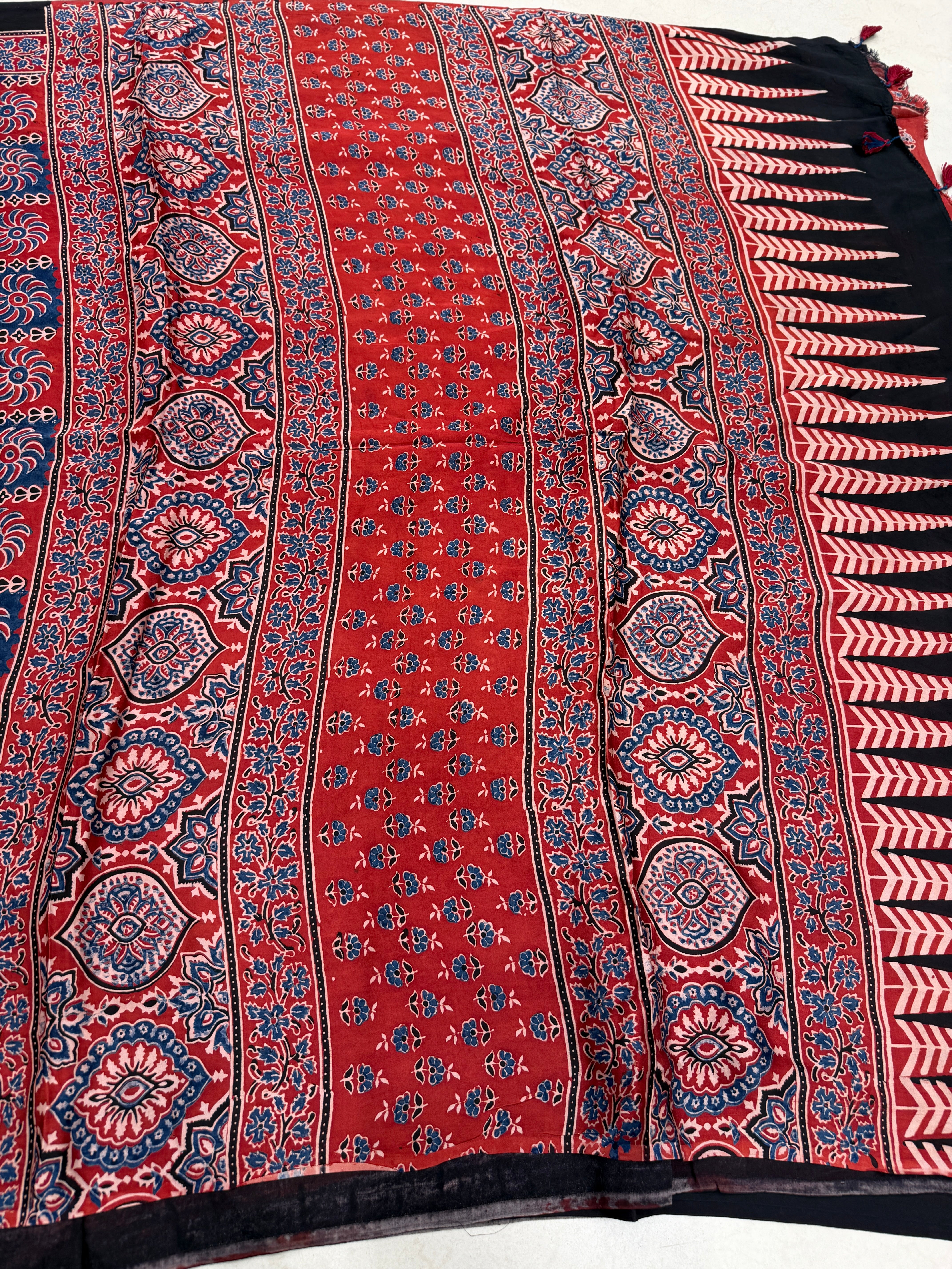 Red Checkered Ajrakh Hand Block Print Pure Gajji Silk Saree