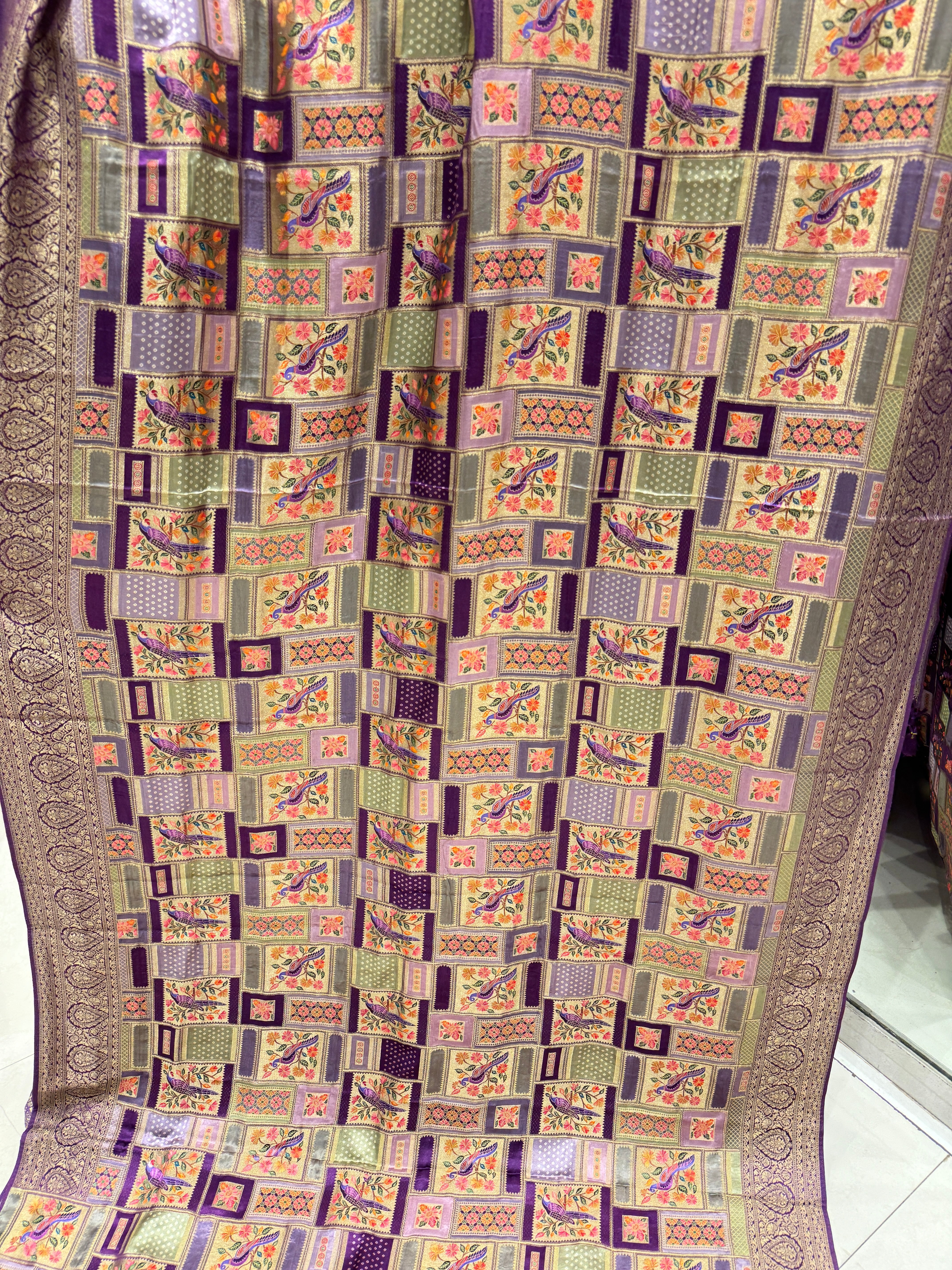 Violet Banarasi Modal Rangkat Satin Checkered Silk Saree