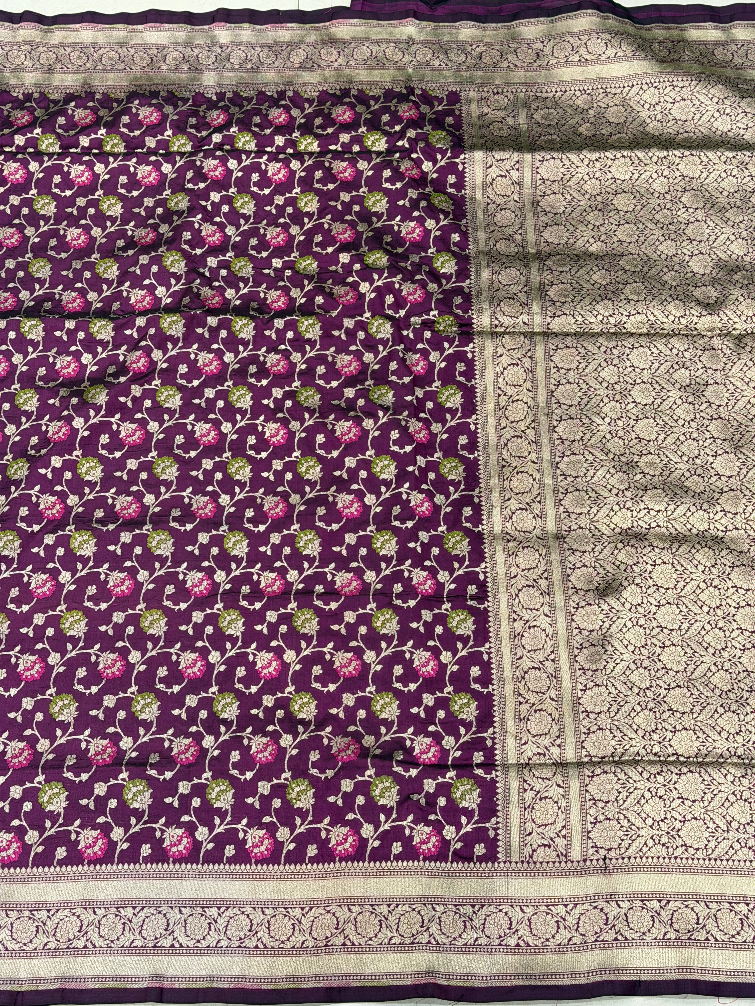 Wine Handloom Meenakari Jaal Katan Silk Saree