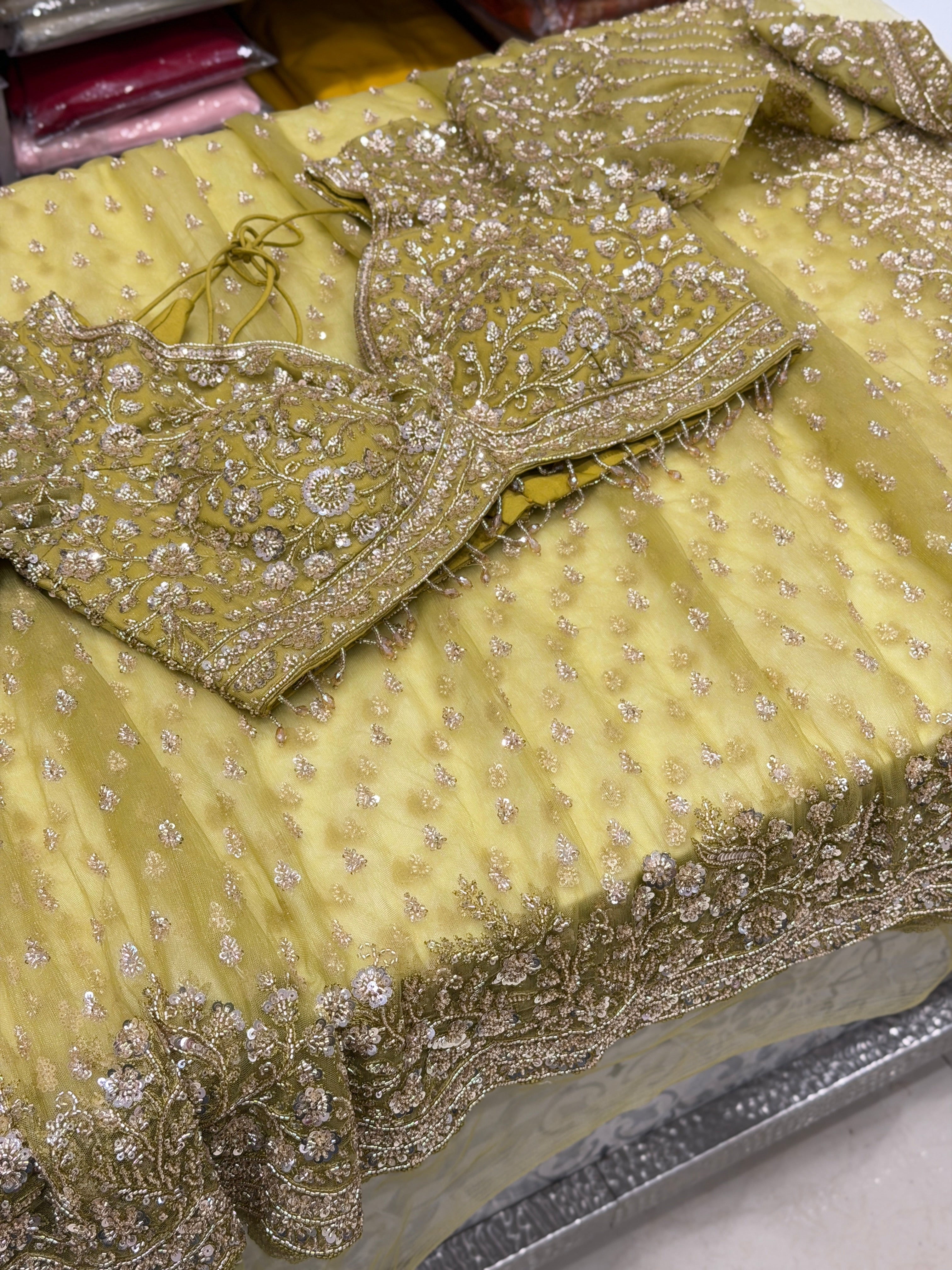 Lime Green Moti Sequin Ready Blouse Soft Net Embroidery Saree