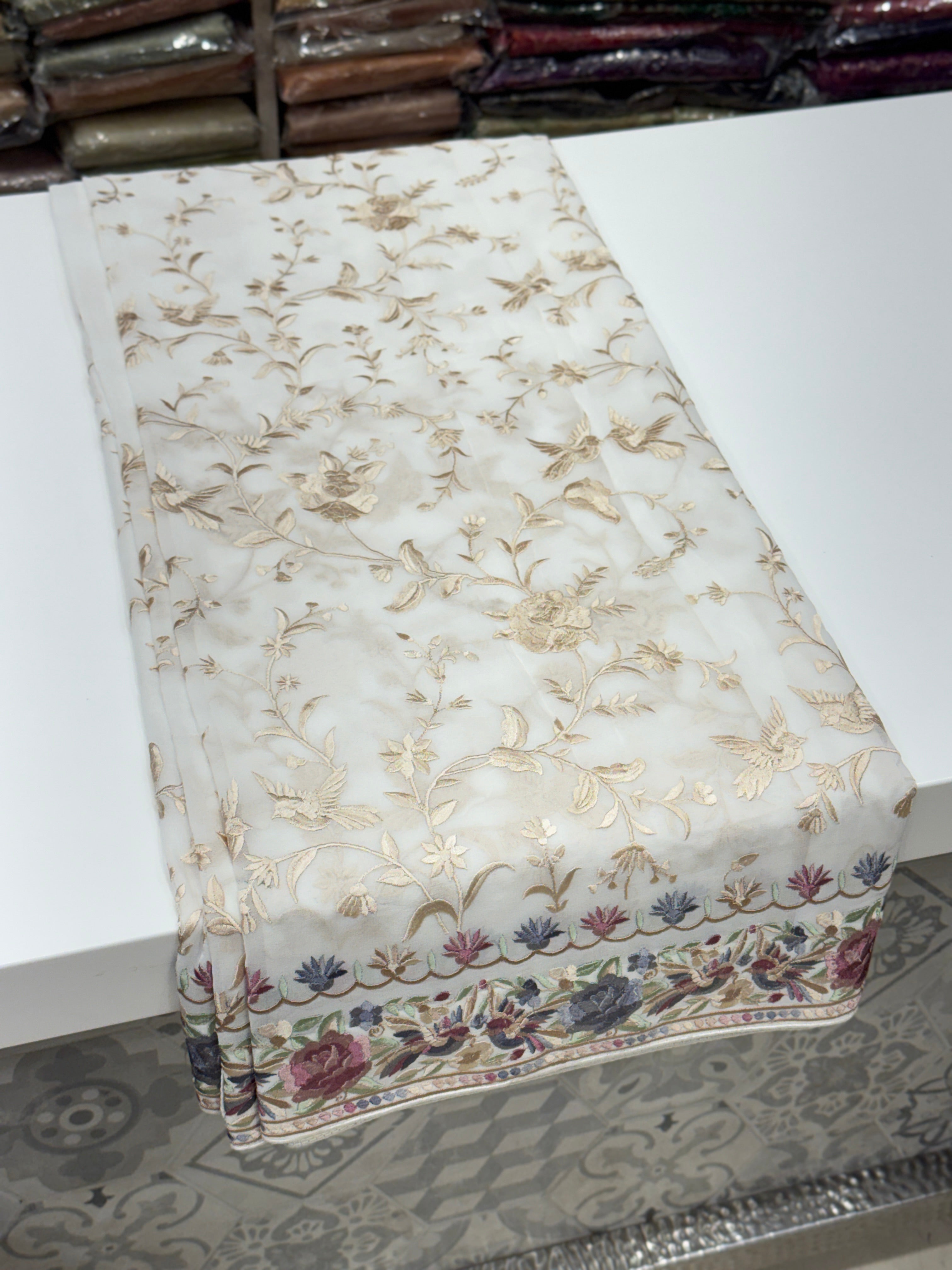 White Georgette Multi Colour Jaal Parsi Gara Saree